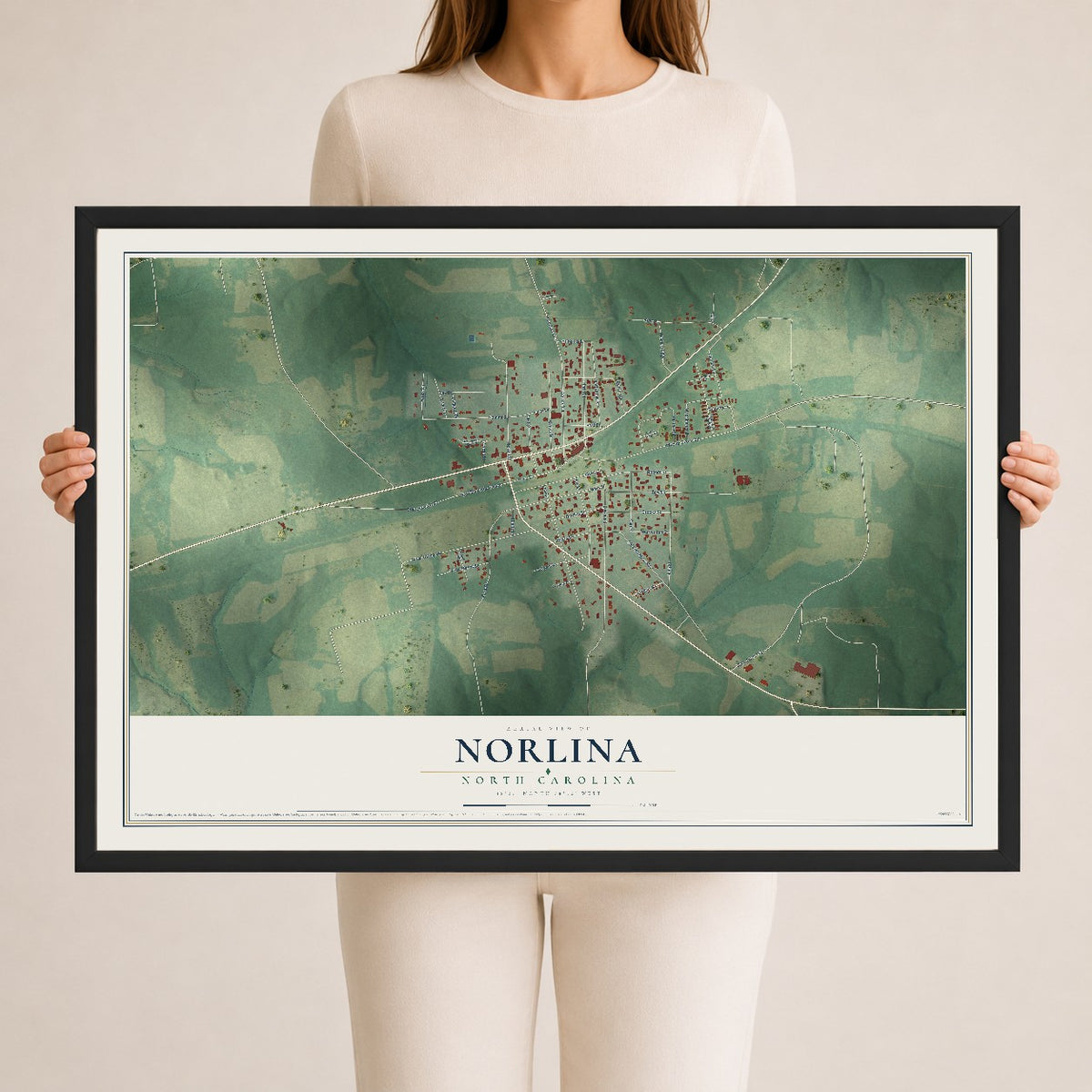 Map of Norlina, North Carolina, 24 x 36 inch print in a black wood frame