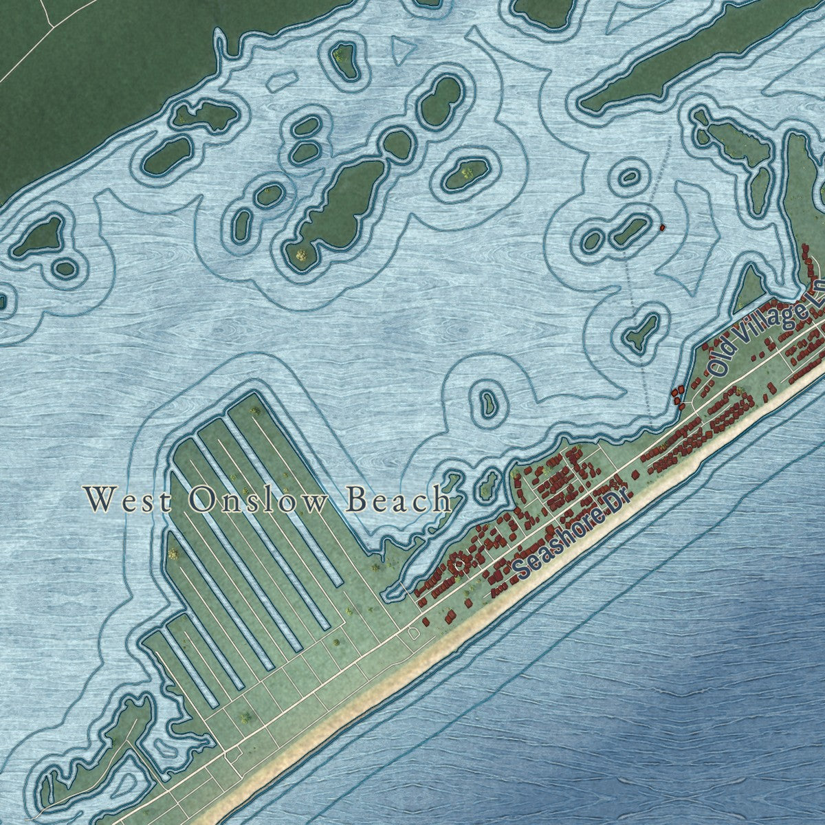 Close-up of the map of North Topsail Beach, North Carolina print showing street and building detail