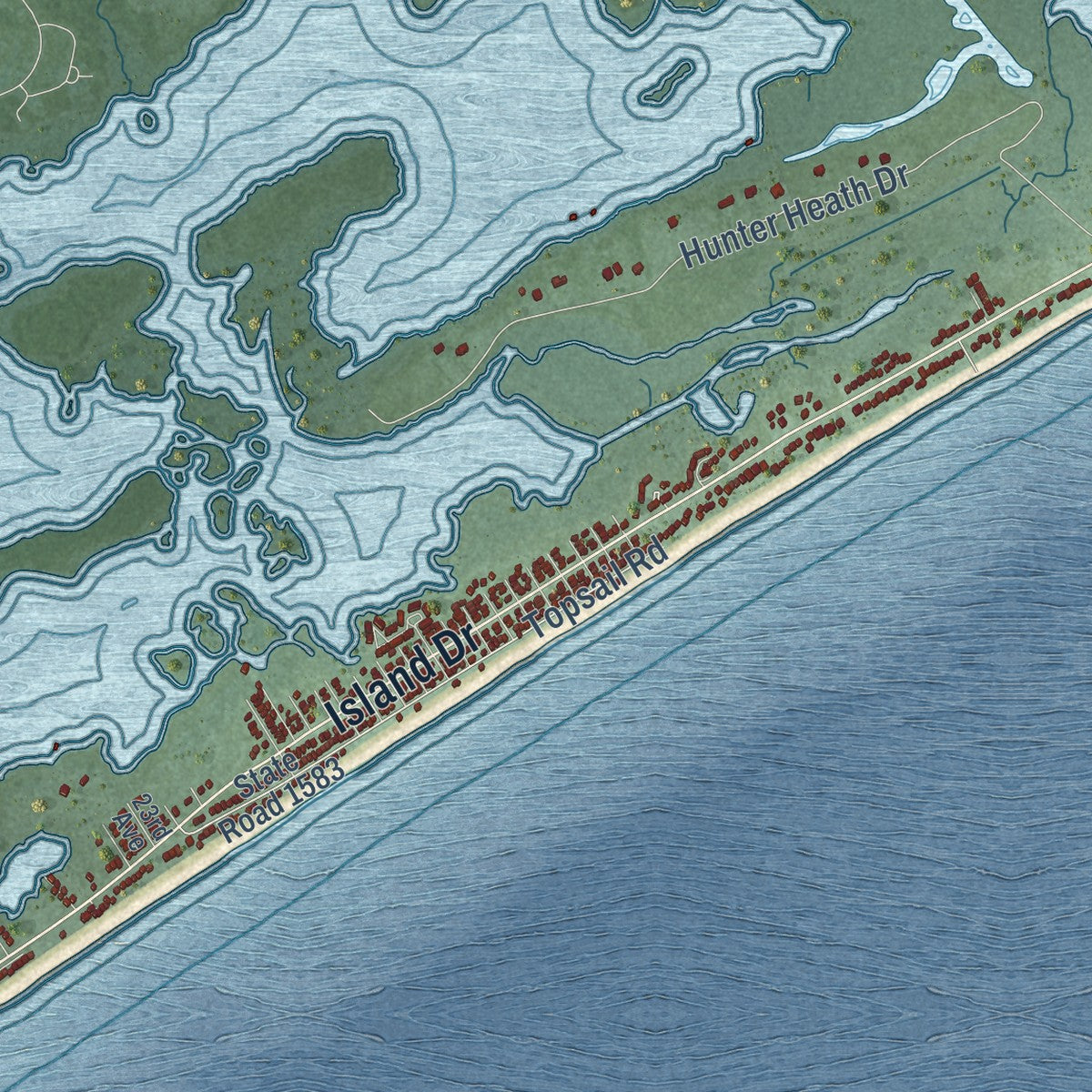 Second close-up of the map of North Topsail Beach, North Carolina print showing more streets and buildings