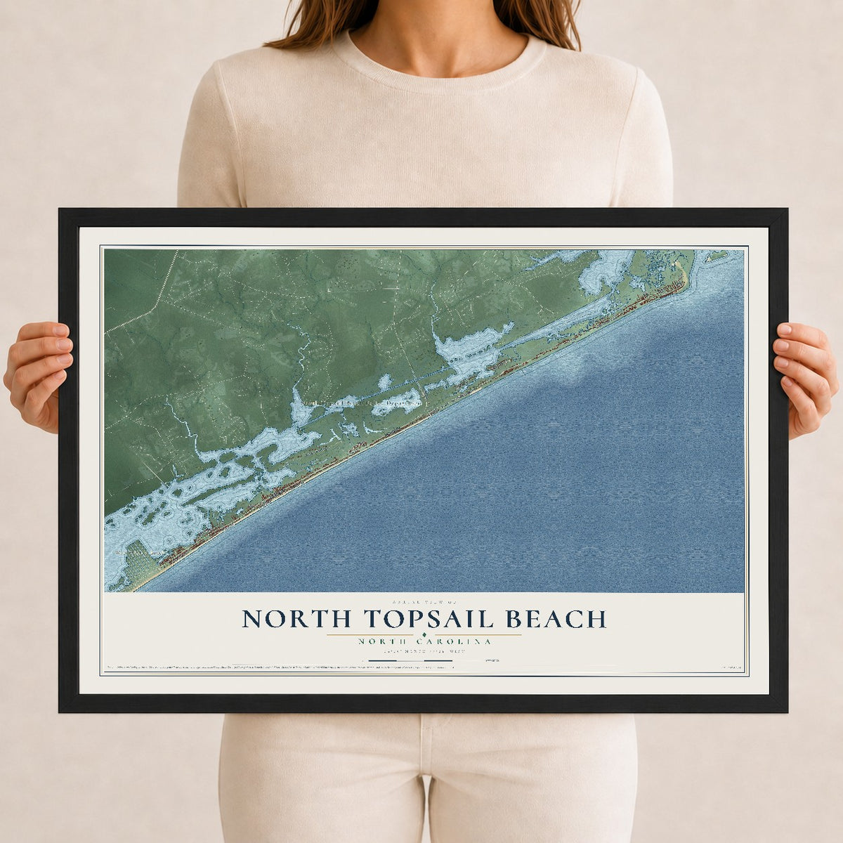 Map of North Topsail Beach, North Carolina, 12 x 18 inch print in a black wood frame