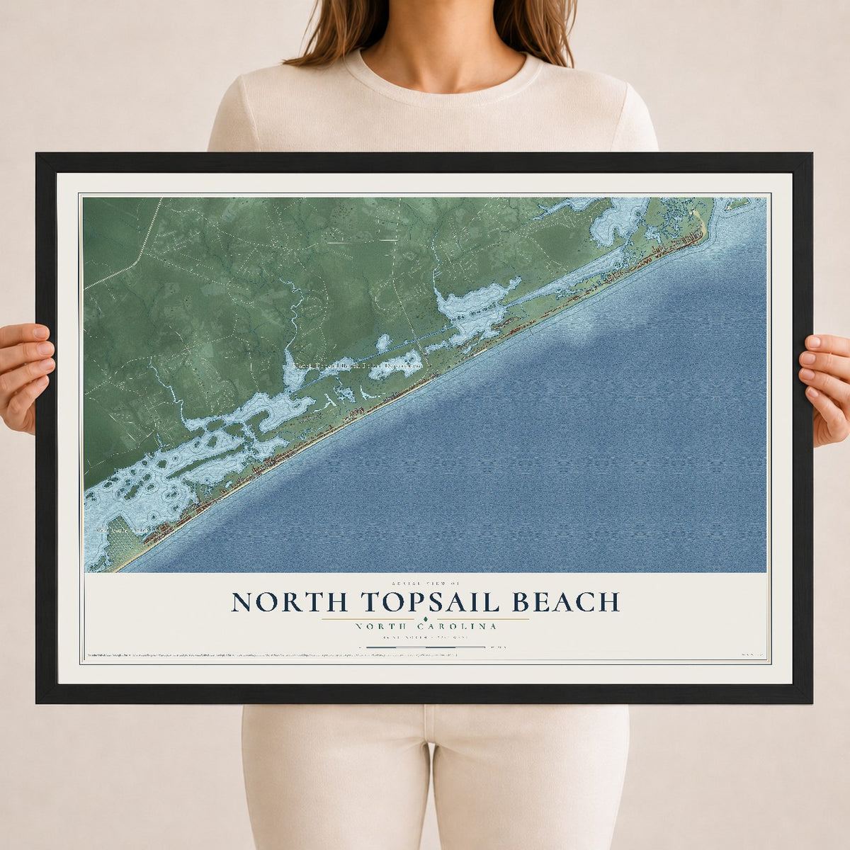 Map of North Topsail Beach, North Carolina, 18 x 24 inch print in a black wood frame