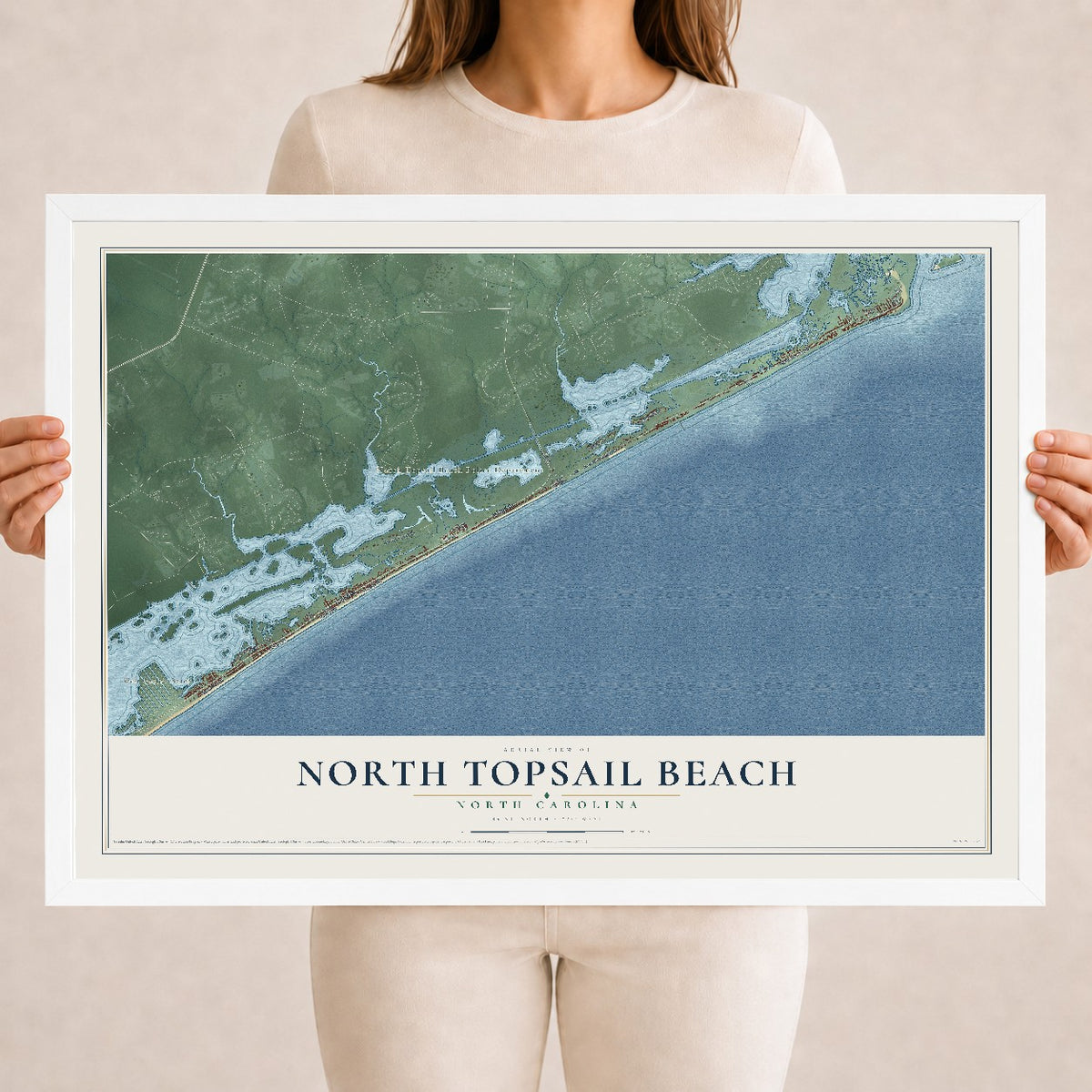 Map of North Topsail Beach, North Carolina, 18 x 24 inch print in a white wood frame