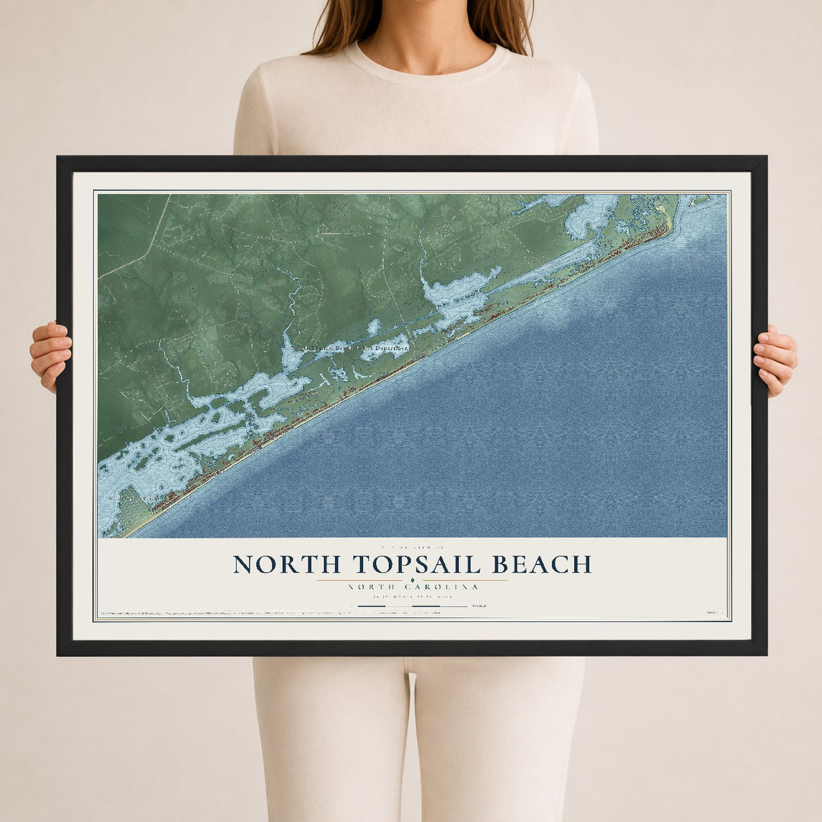 Map of North Topsail Beach, North Carolina, 24 x 36 inch print in a black wood frame