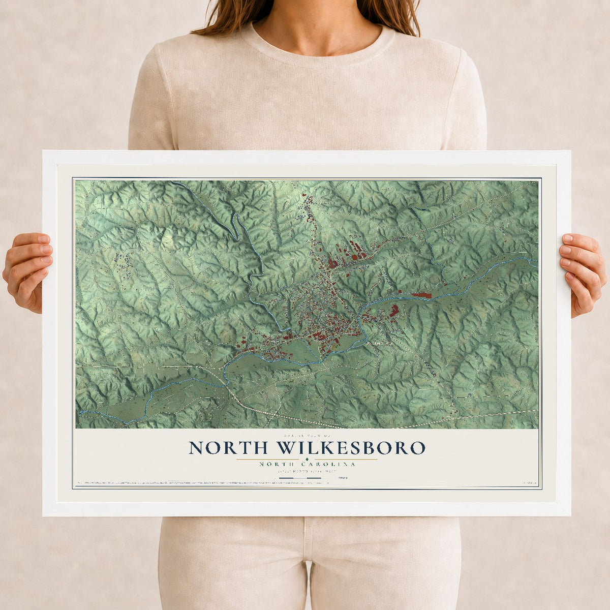Map of North Wilkesboro, North Carolina, 12 x 18 inch print in a white wood frame