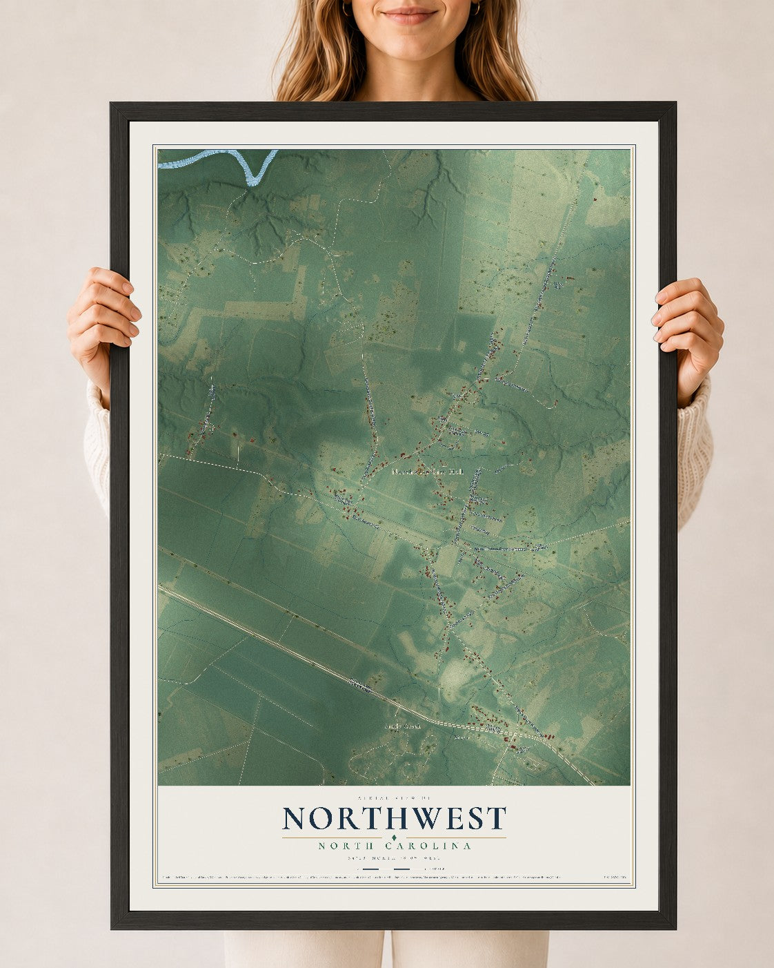 Map of Northwest, North Carolina, 24 x 36 inch print in a black wood frame