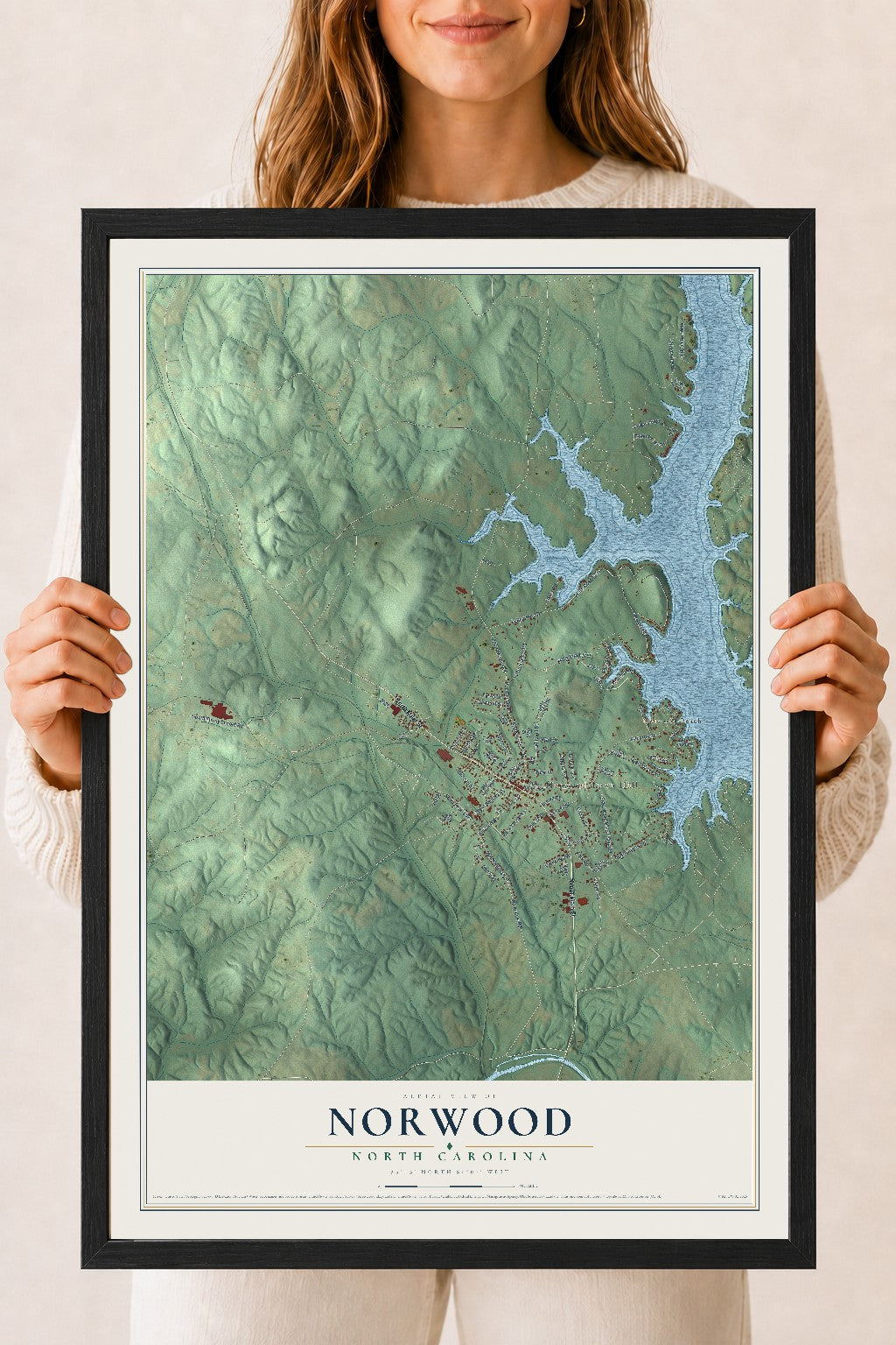 Map of Norwood, North Carolina, 18 x 24 inch print in a black wood frame