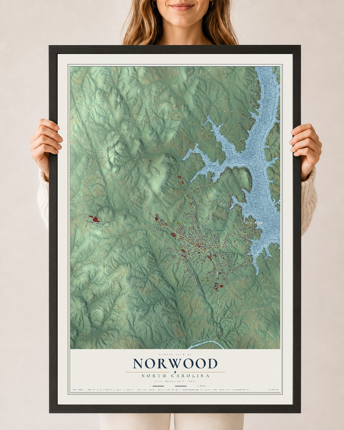 Map of Norwood, North Carolina, 24 x 36 inch print in a black wood frame