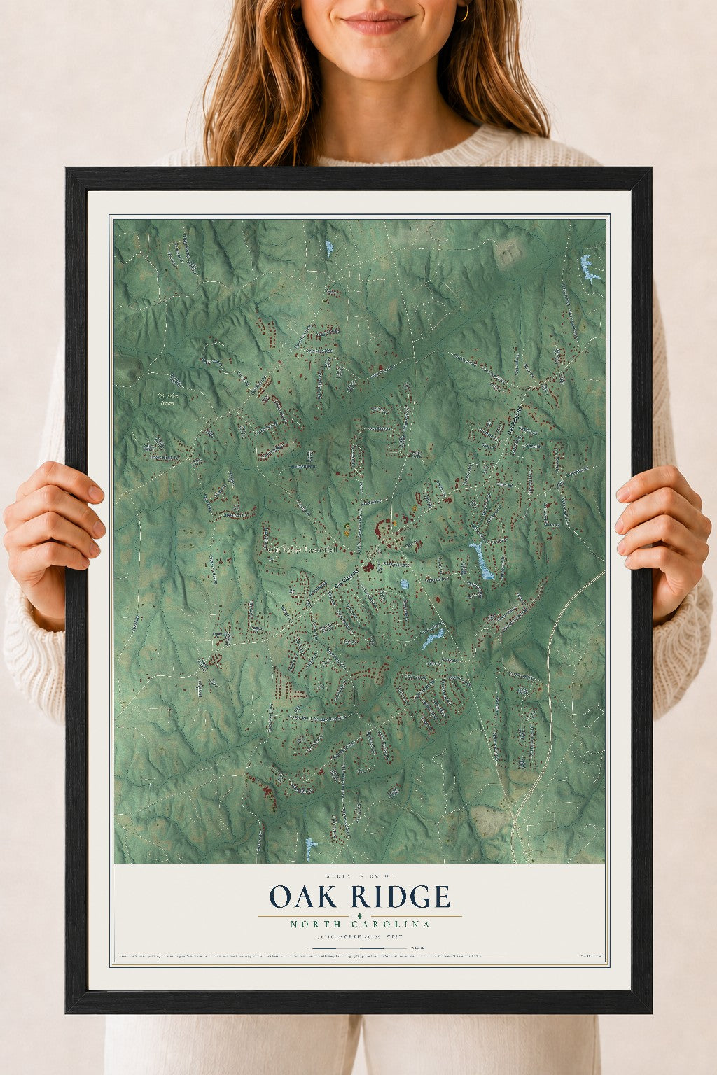 Map of Oak Ridge, North Carolina, 18 x 24 inch print in a black wood frame