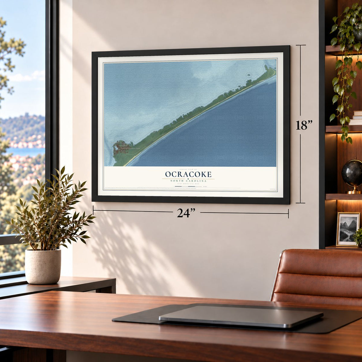 Ocracoke, North Carolina map, 18 x 24 inch print in a black frame in a home office
