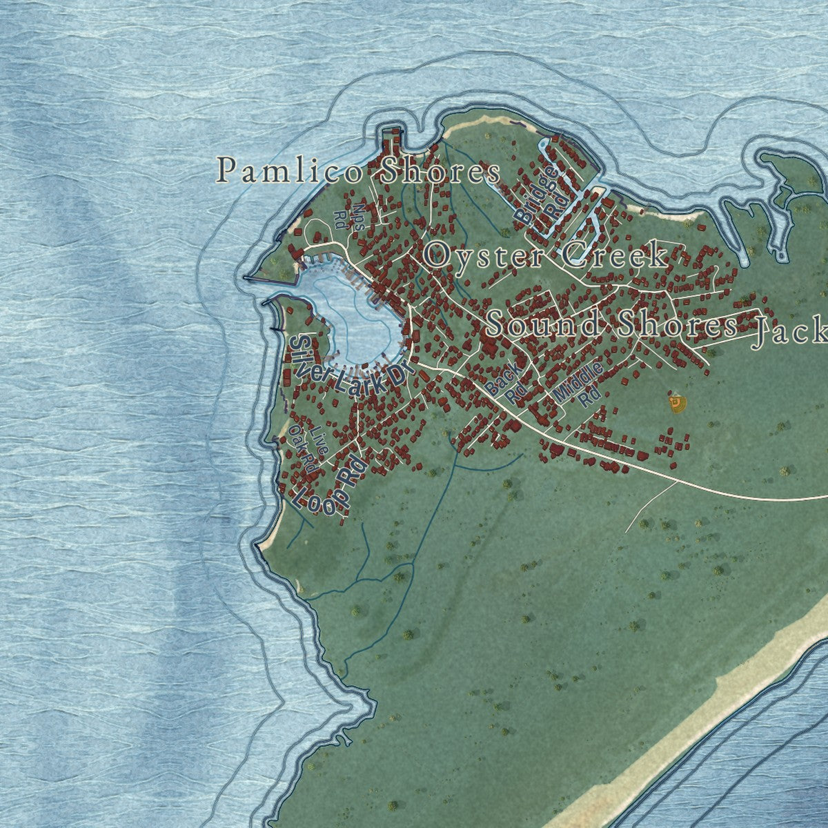 Close-up of the map of Ocracoke, North Carolina print showing street and building detail
