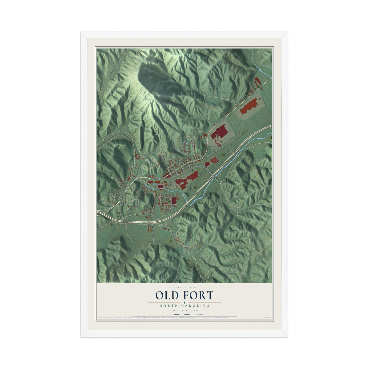 Map of Old Fort, North Carolina, 12 x 18 inch print in a white wood frame