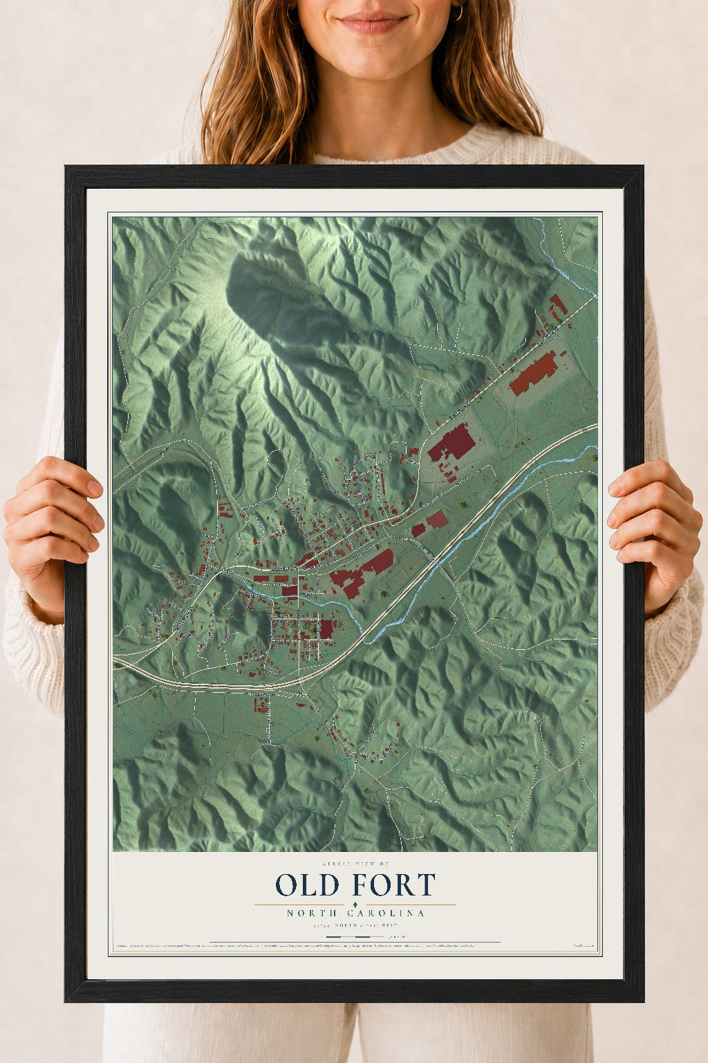Map of Old Fort, North Carolina, 18 x 24 inch print in a black wood frame