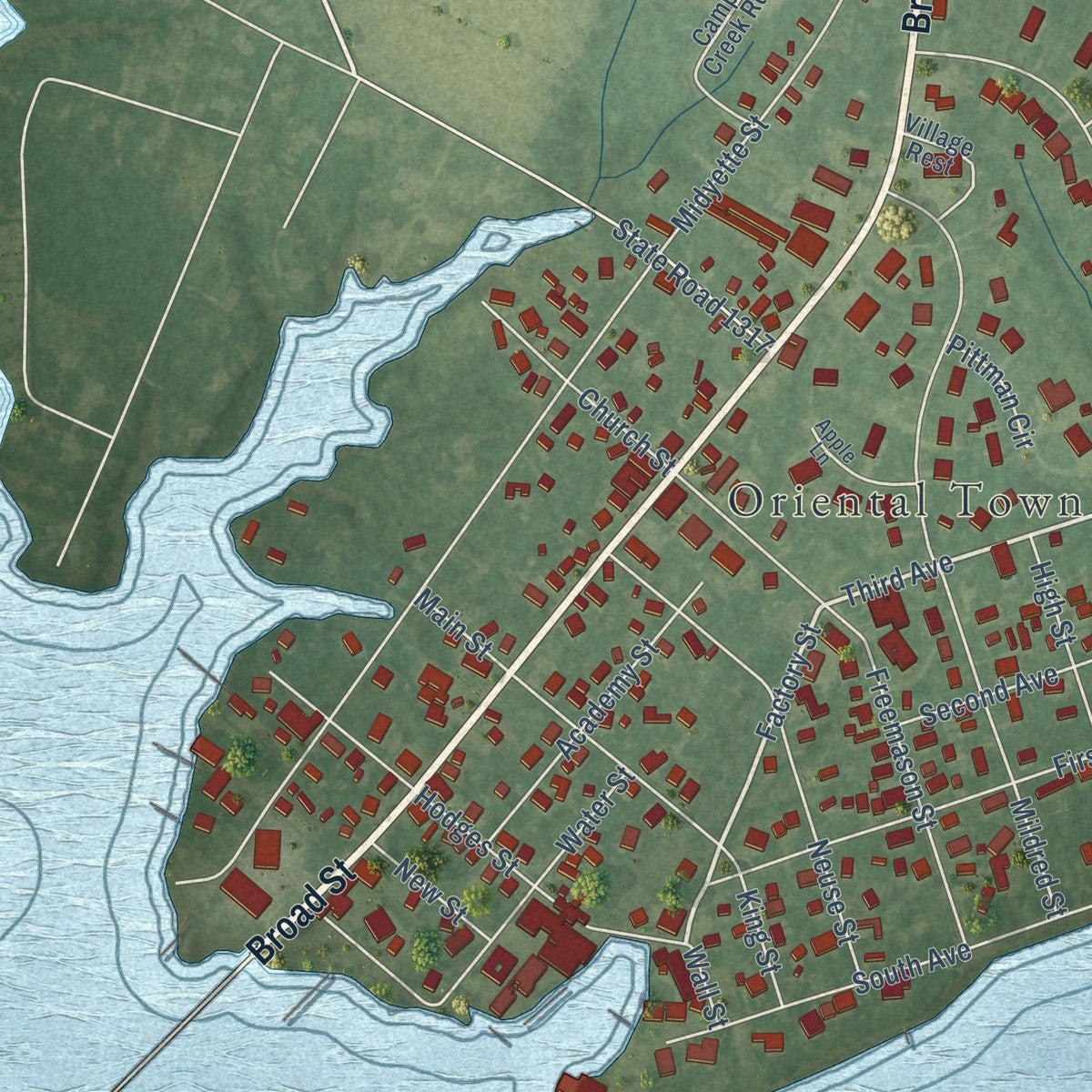 Close-up of the map of Oriental, North Carolina print showing street and building detail