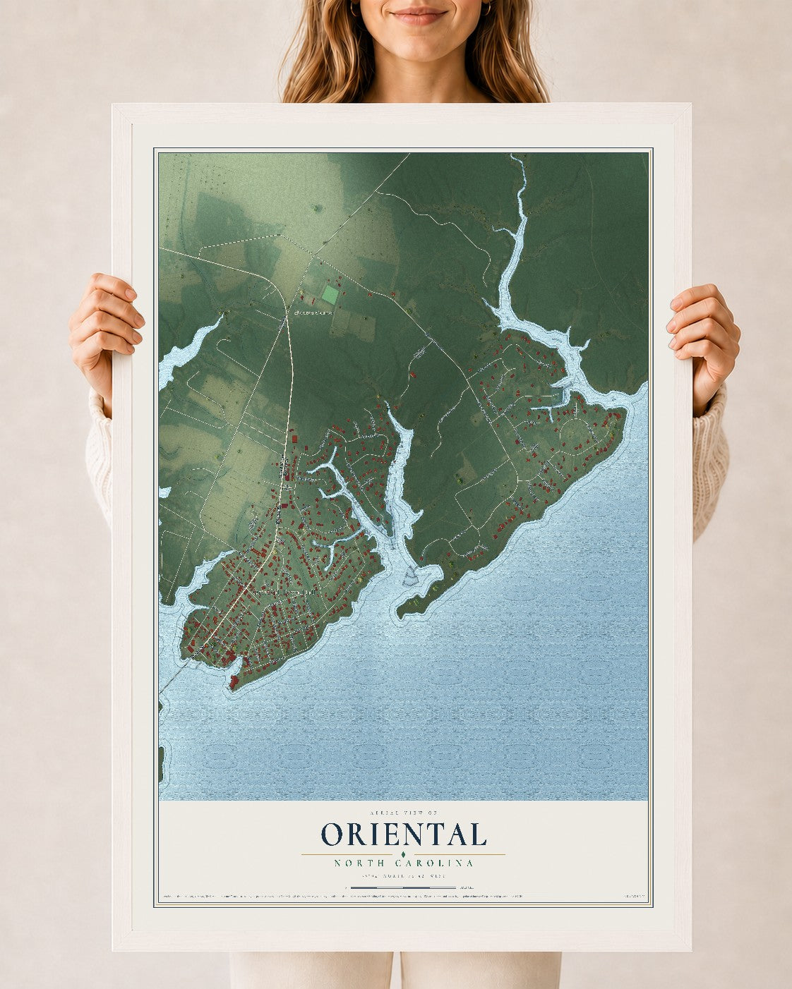 Map of Oriental, North Carolina, 24 x 36 inch print in a white wood frame