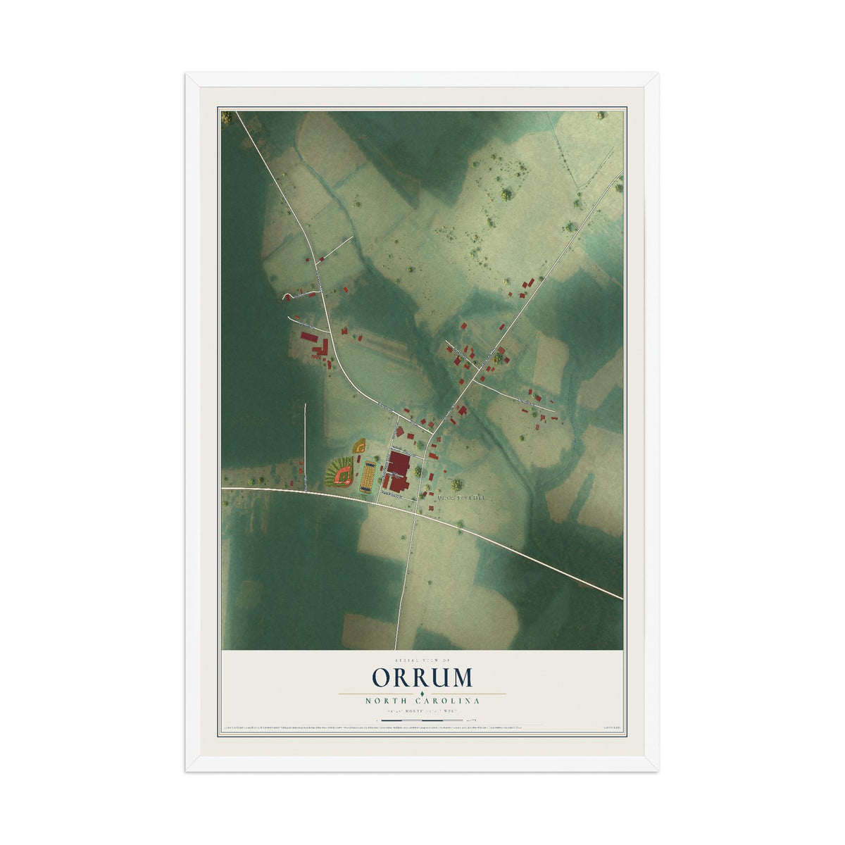 Map of Orrum, North Carolina, 12 x 18 inch print in a white wood frame