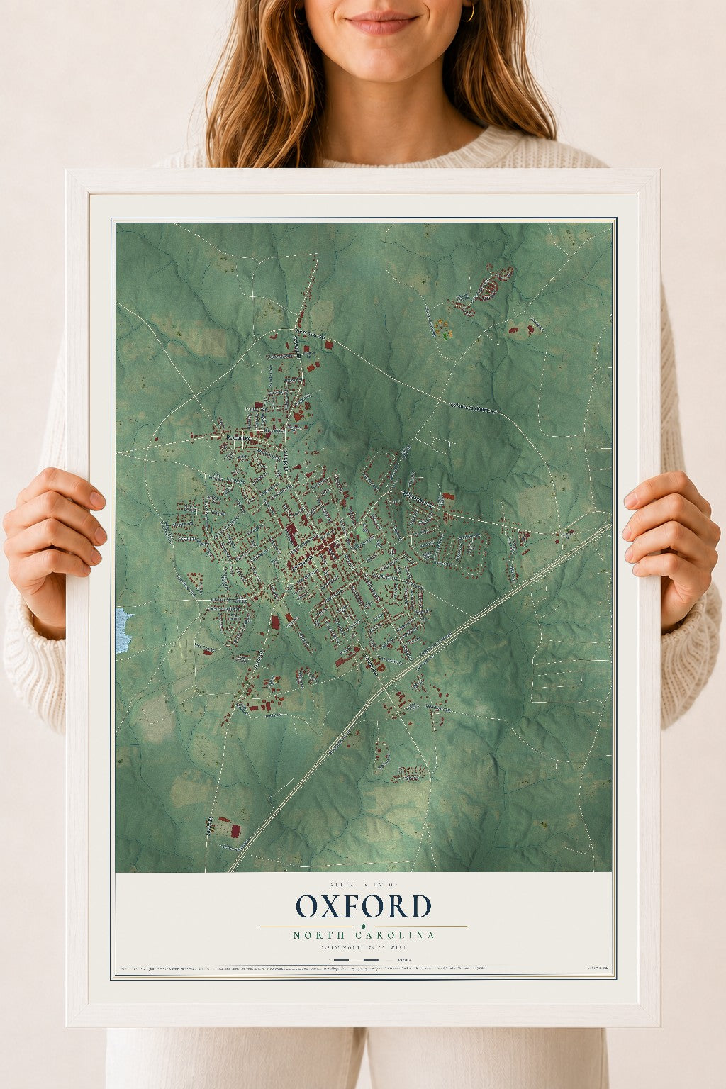 Map of Oxford, North Carolina, 18 x 24 inch print in a white wood frame