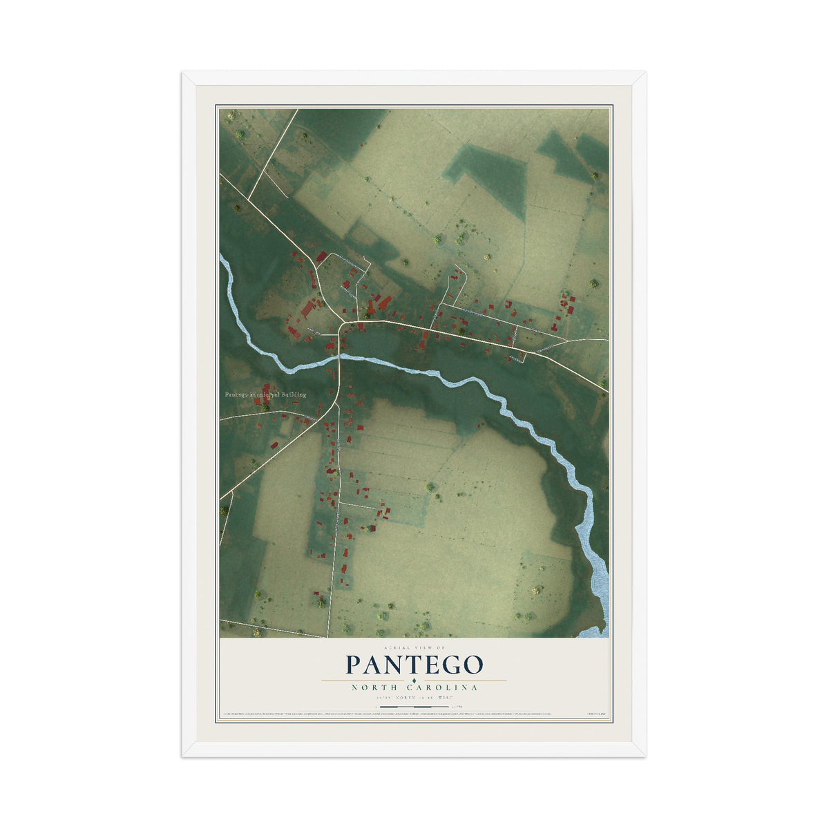 Map of Pantego, North Carolina, 12 x 18 inch print in a white wood frame
