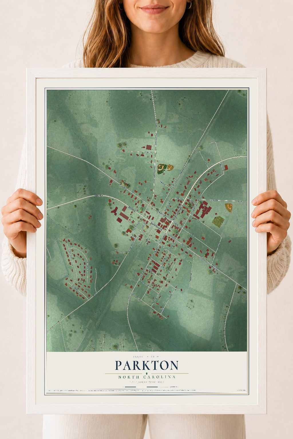 Map of Parkton, North Carolina, 18 x 24 inch print in a white wood frame
