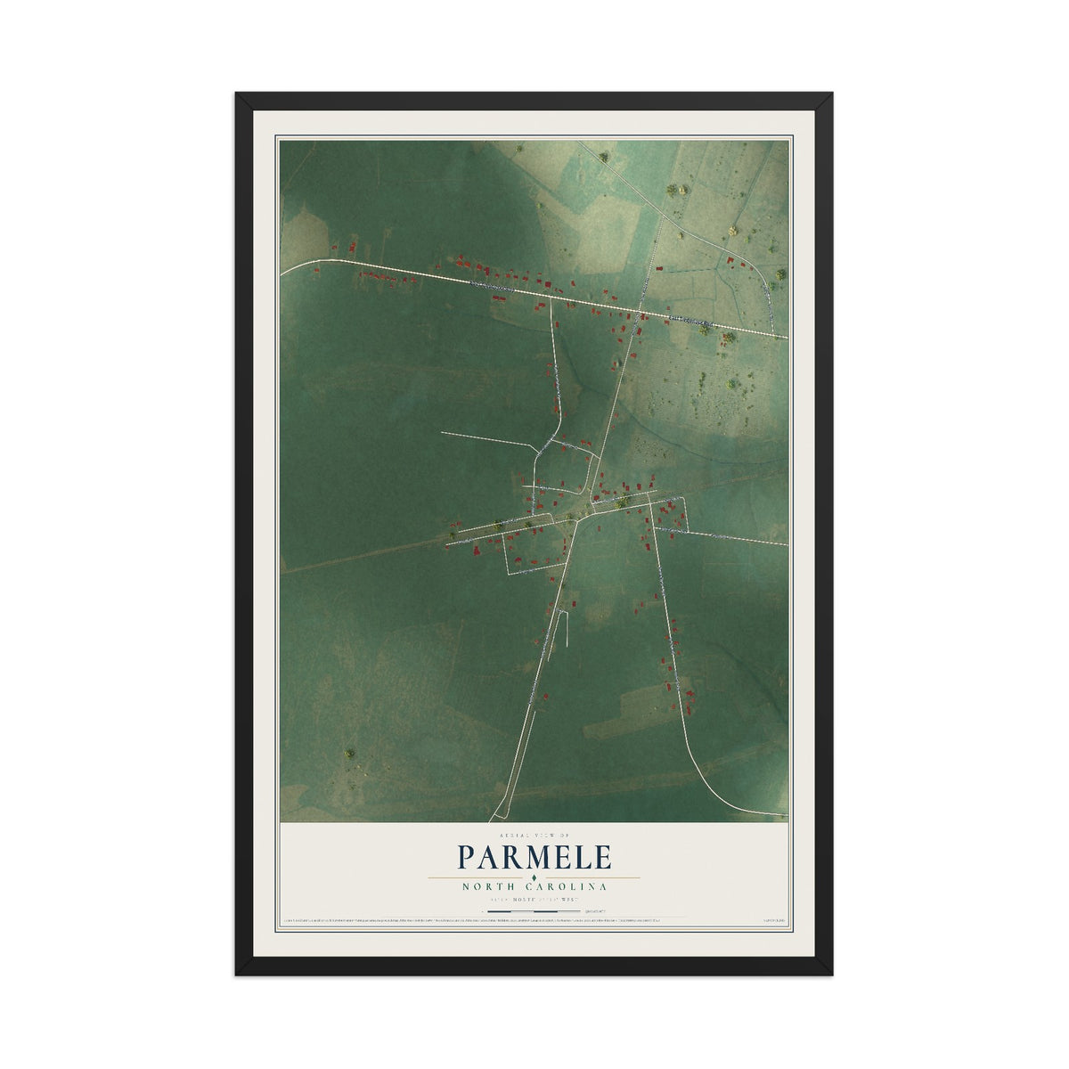 Map of Parmele, North Carolina, 12 x 18 inch print in a black wood frame