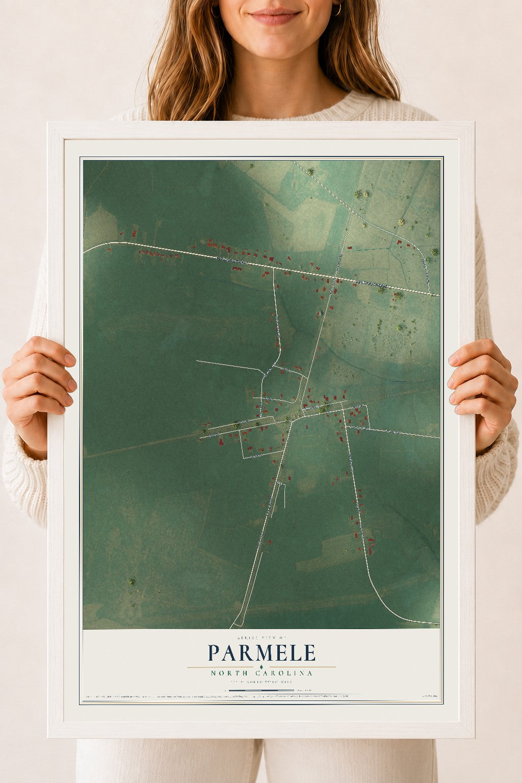 Map of Parmele, North Carolina, 18 x 24 inch print in a white wood frame