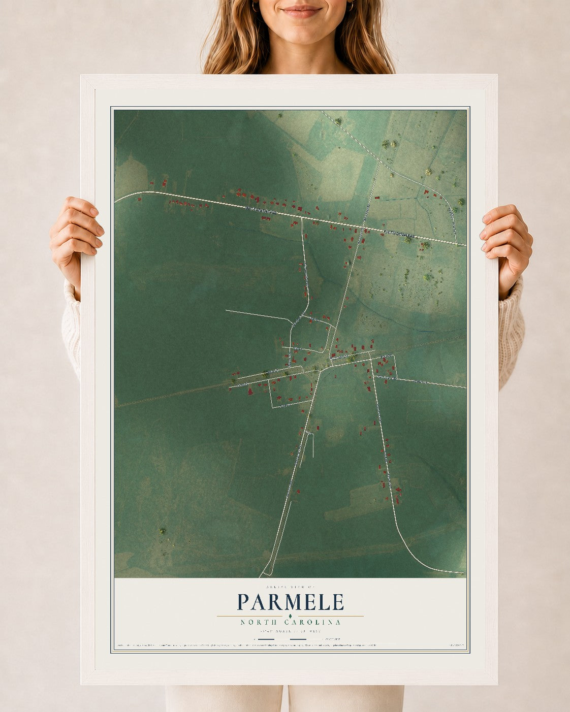 Map of Parmele, North Carolina, 24 x 36 inch print in a white wood frame