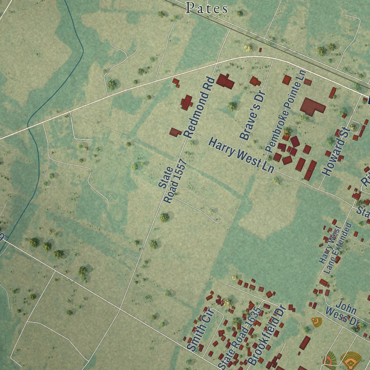 Second close-up of the map of Pembroke, North Carolina print showing more streets and buildings