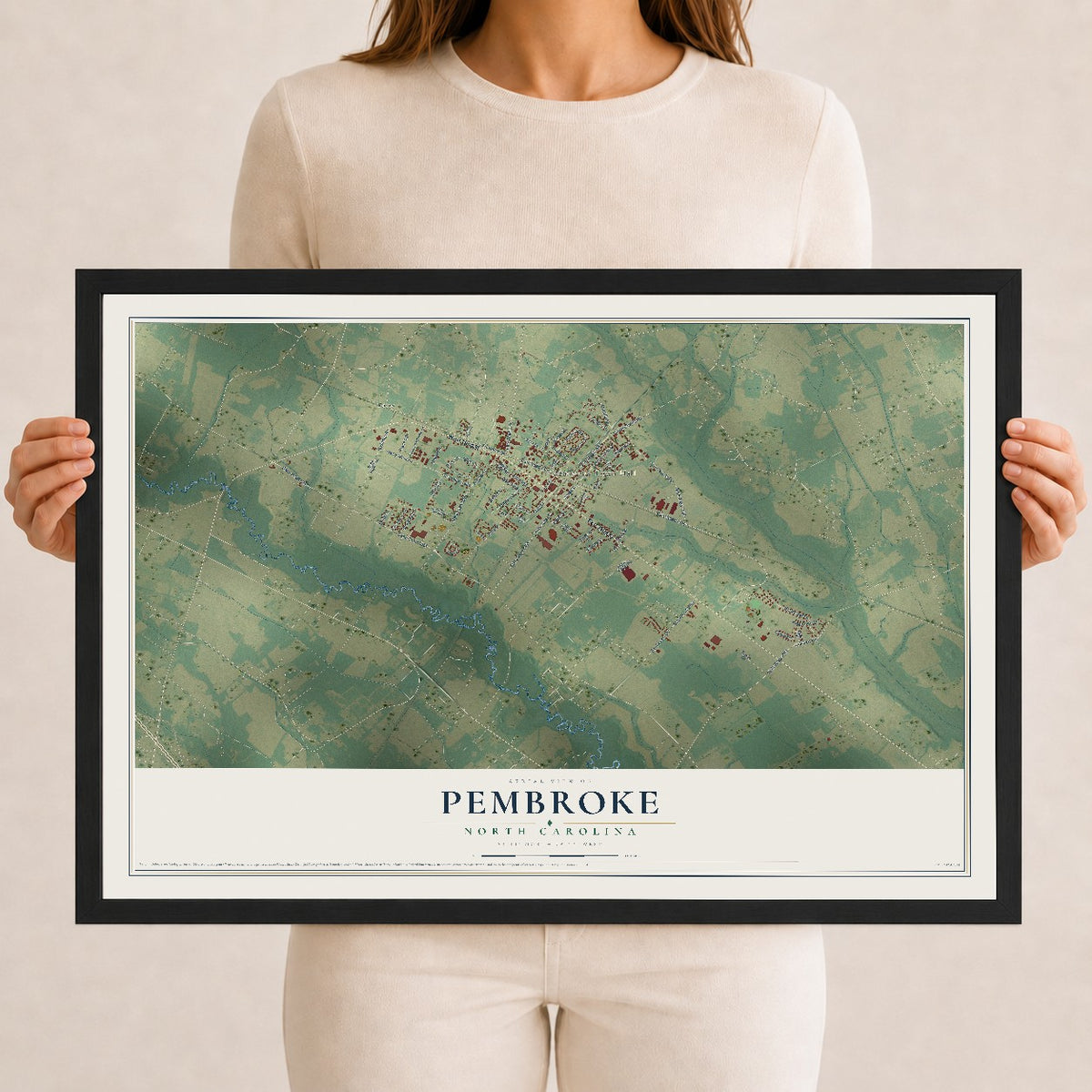 Map of Pembroke, North Carolina, 12 x 18 inch print in a black wood frame