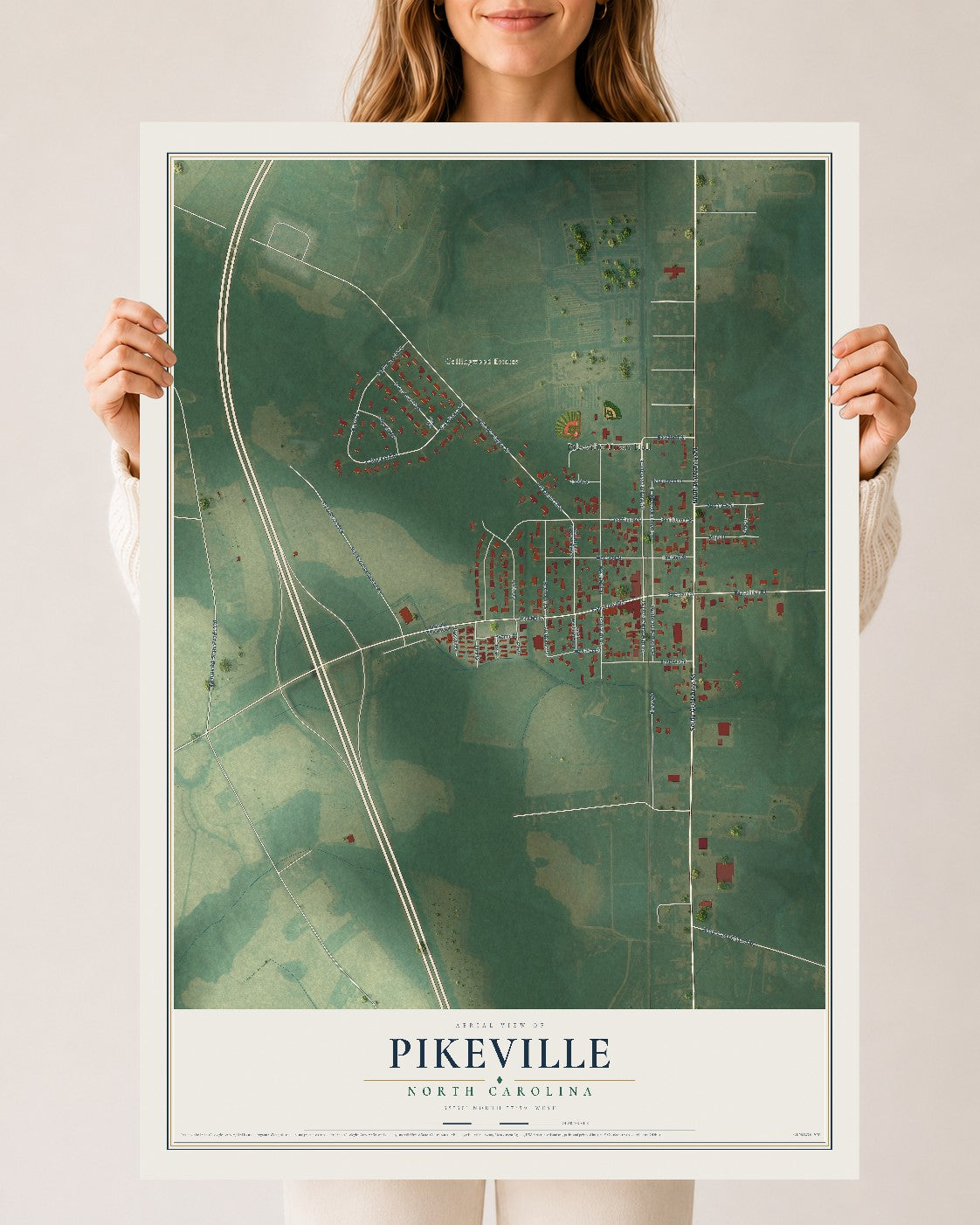 Map of Pikeville, North Carolina, 24 x 36 inch unframed archival matte print