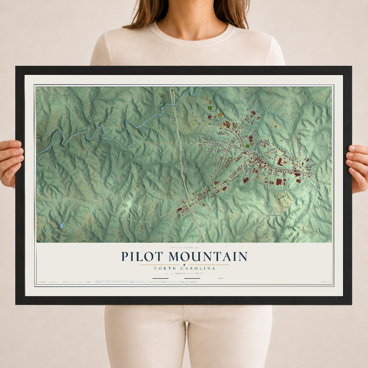 Map of Pilot Mountain, North Carolina, 18 x 24 inch print in a black wood frame