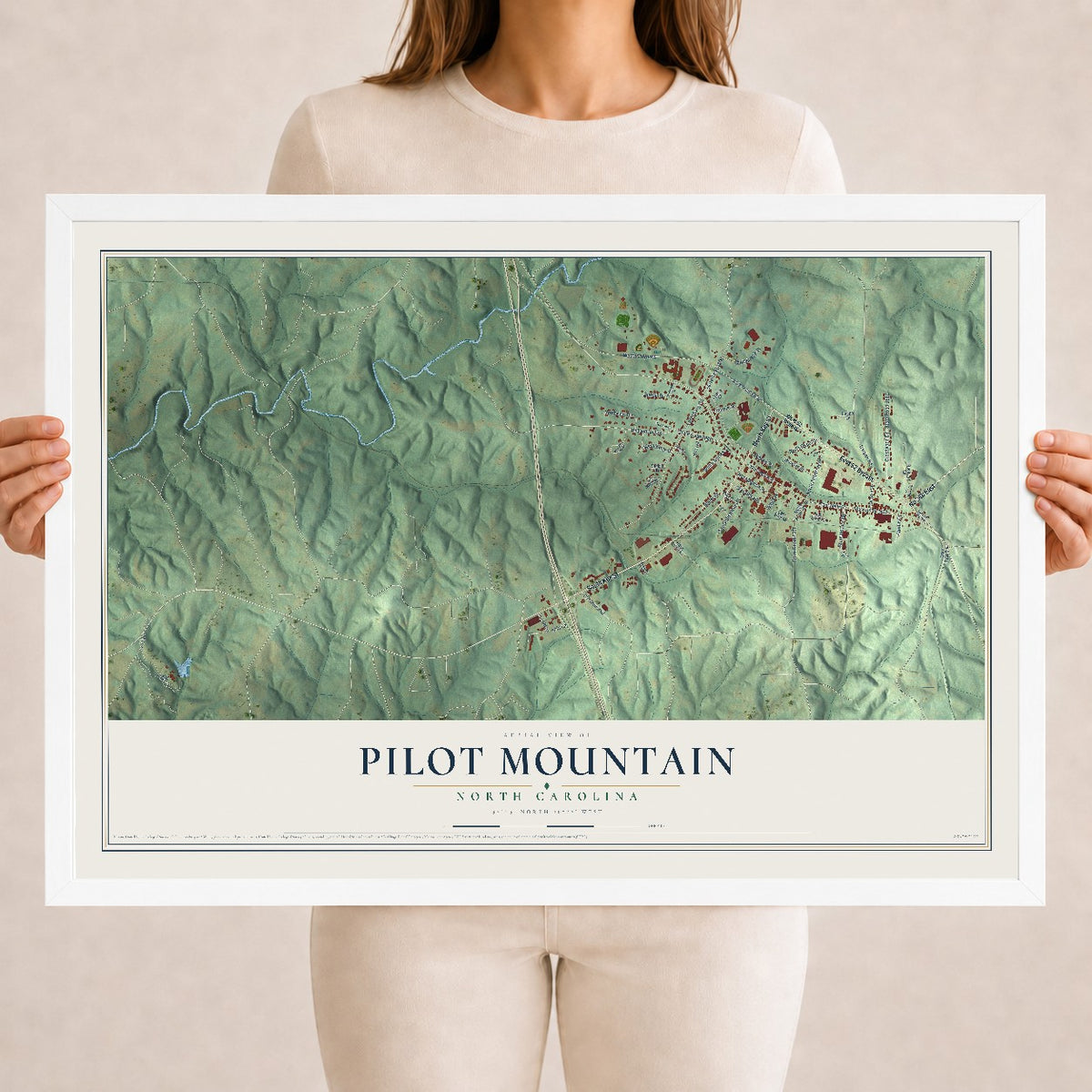 Map of Pilot Mountain, North Carolina, 18 x 24 inch print in a white wood frame