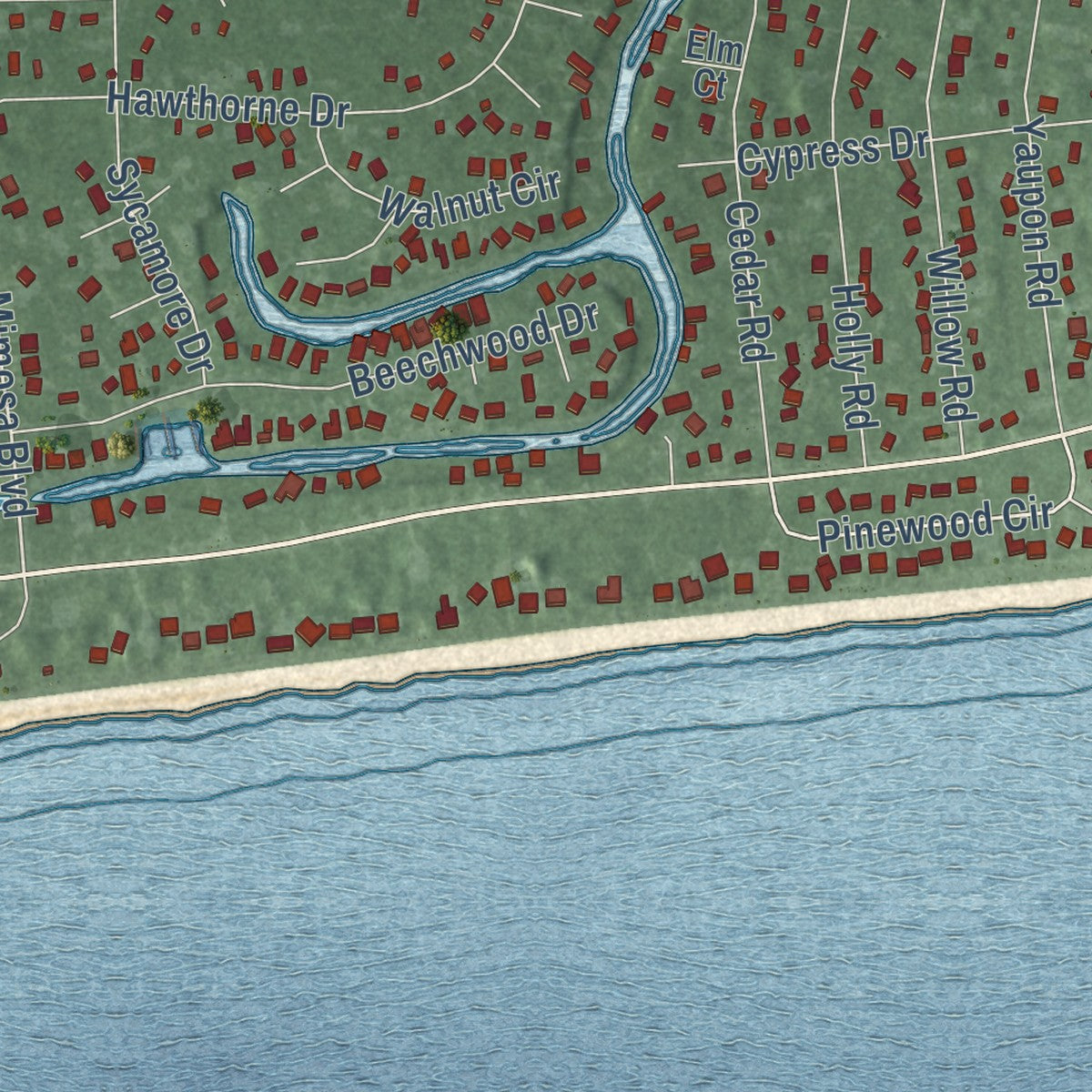 Close-up of the map of Pine Knoll Shores, North Carolina print showing street and building detail