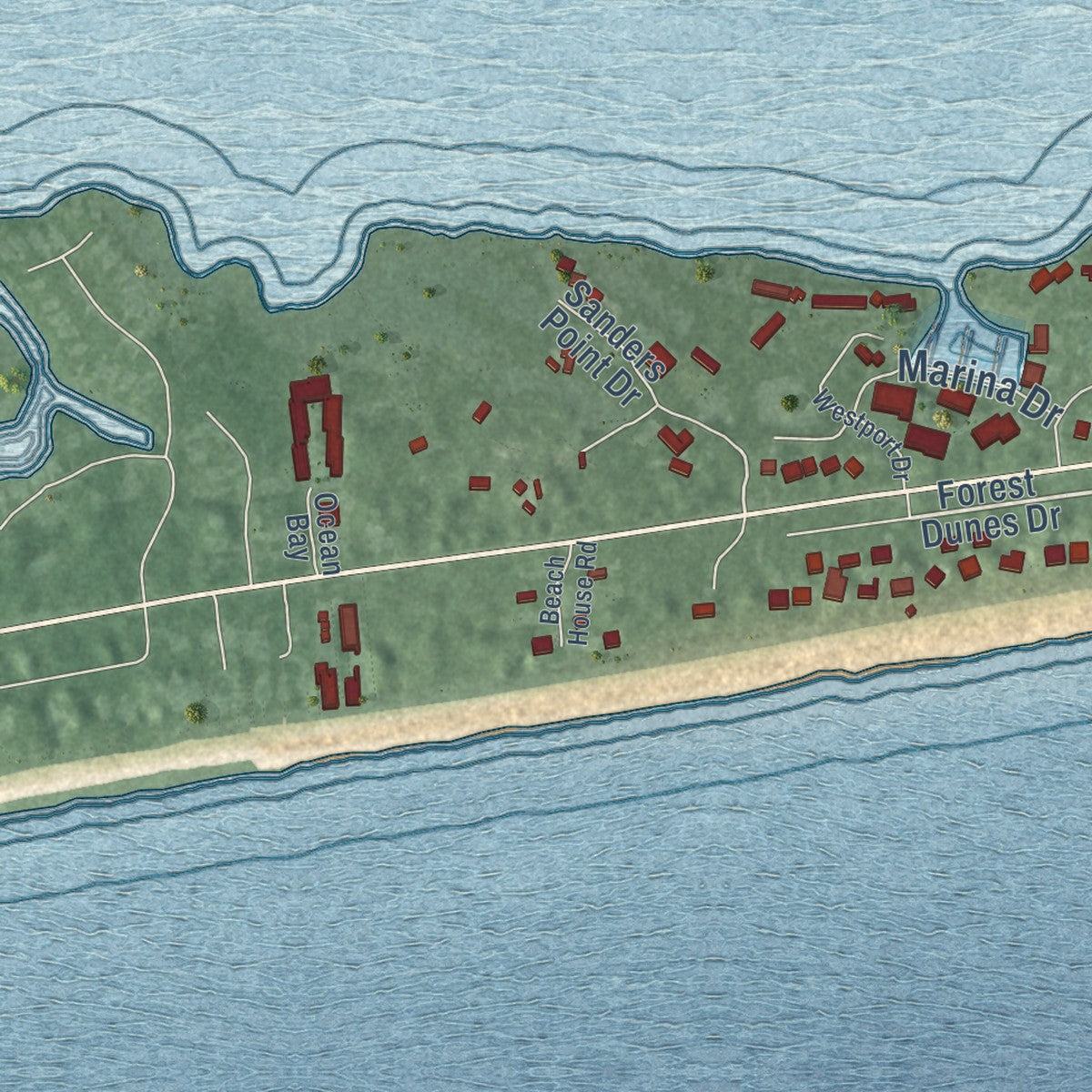Second close-up of the map of Pine Knoll Shores, North Carolina print showing more streets and buildings