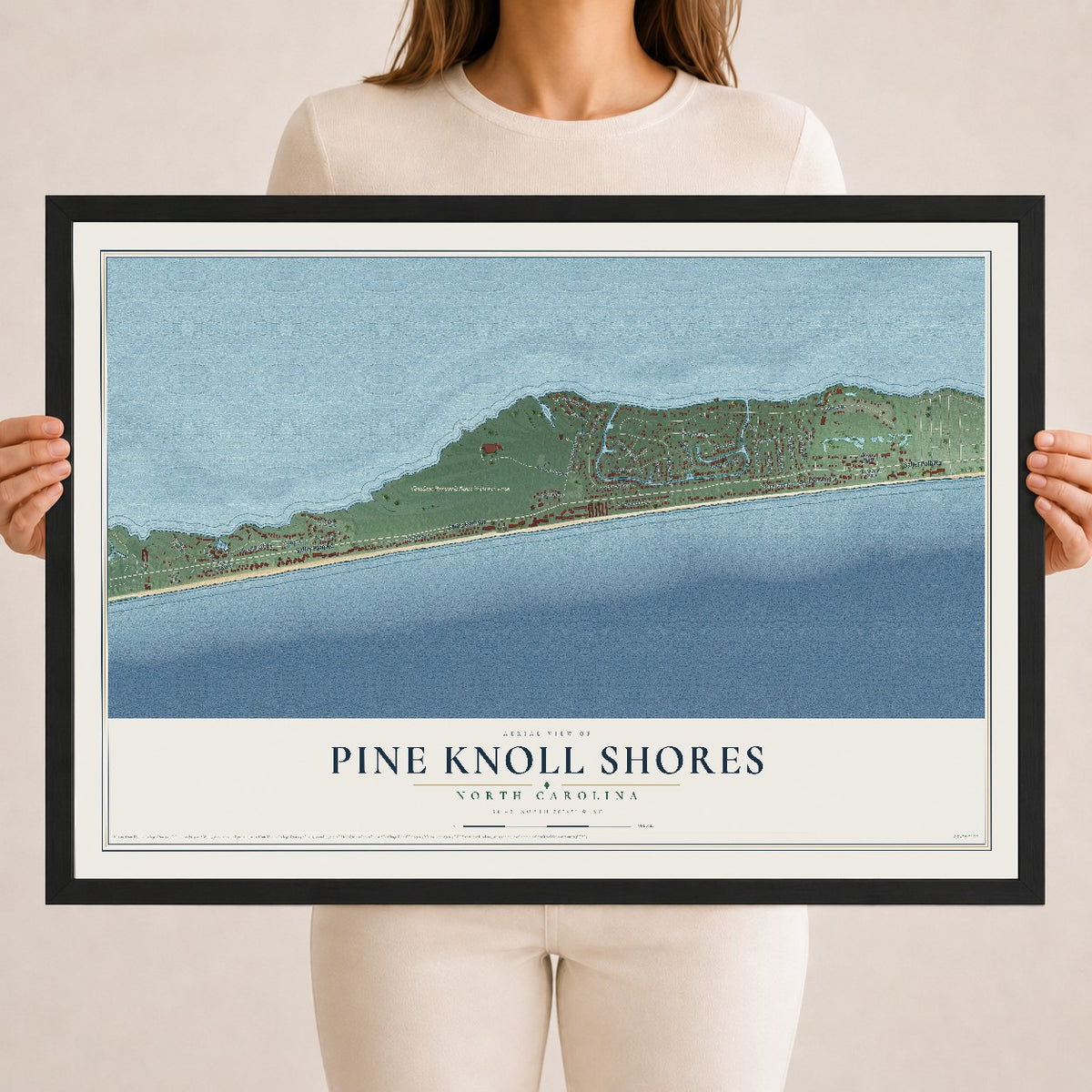 Map of Pine Knoll Shores, North Carolina, 18 x 24 inch print in a black wood frame