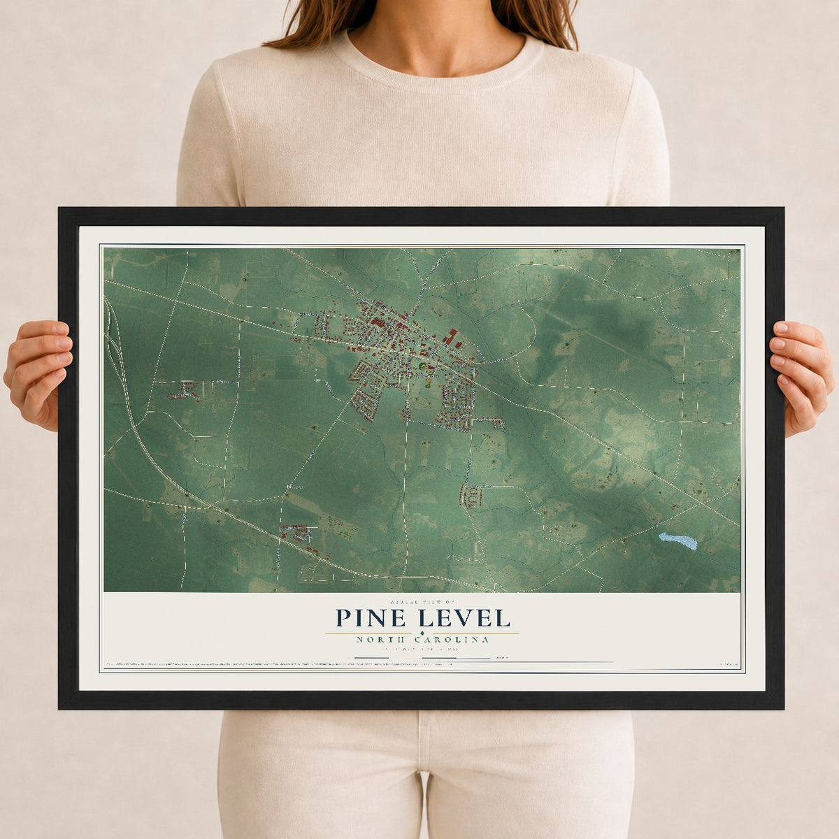 Map of Pine Level, North Carolina, 12 x 18 inch print in a black wood frame
