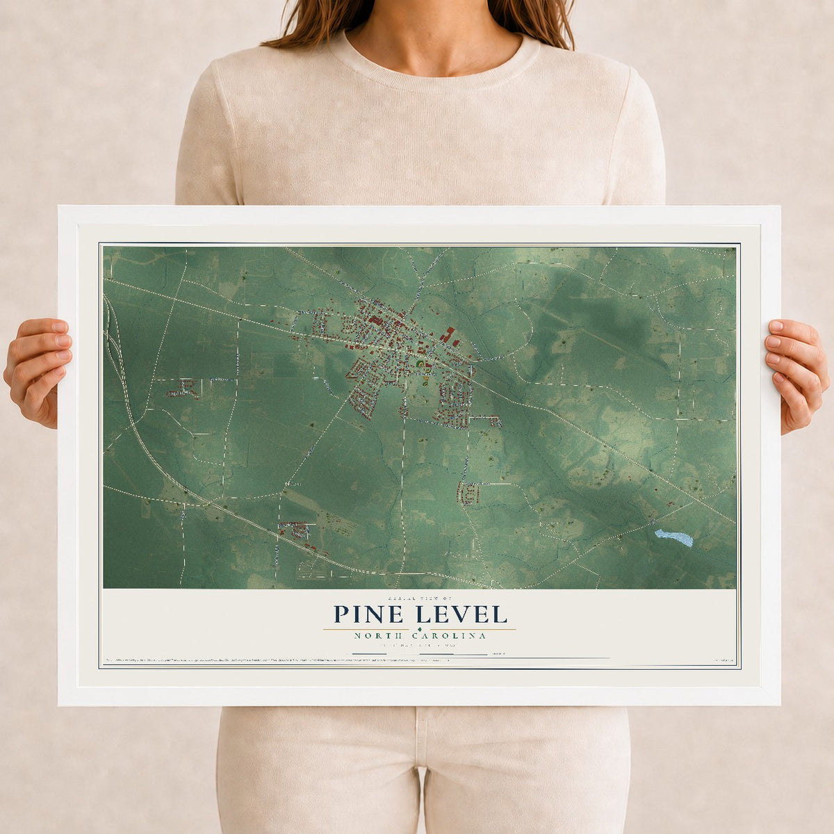Map of Pine Level, North Carolina, 12 x 18 inch print in a white wood frame