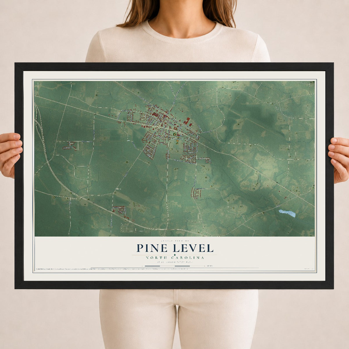 Map of Pine Level, North Carolina, 18 x 24 inch print in a black wood frame