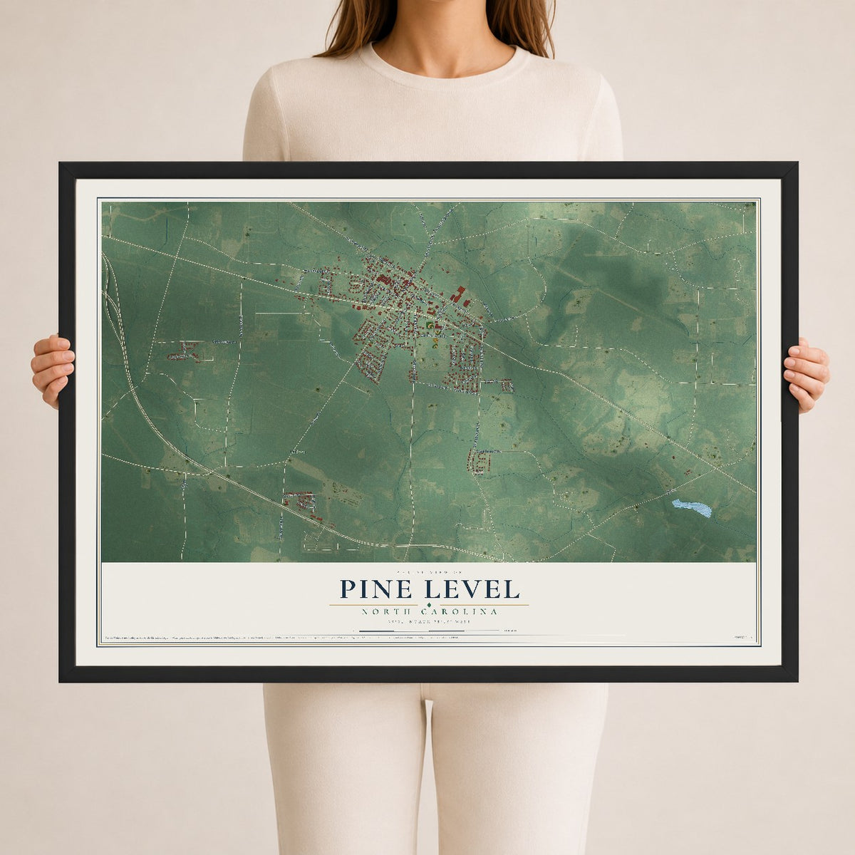 Map of Pine Level, North Carolina, 24 x 36 inch print in a black wood frame