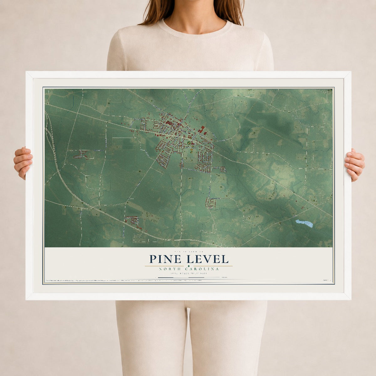 Map of Pine Level, North Carolina, 24 x 36 inch print in a white wood frame