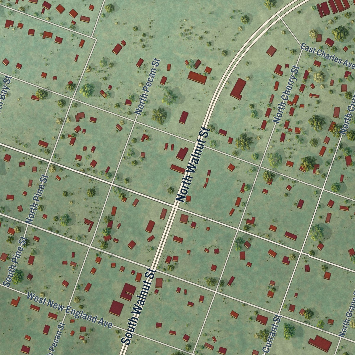 Close-up of the map of Pinebluff, North Carolina print showing street and building detail