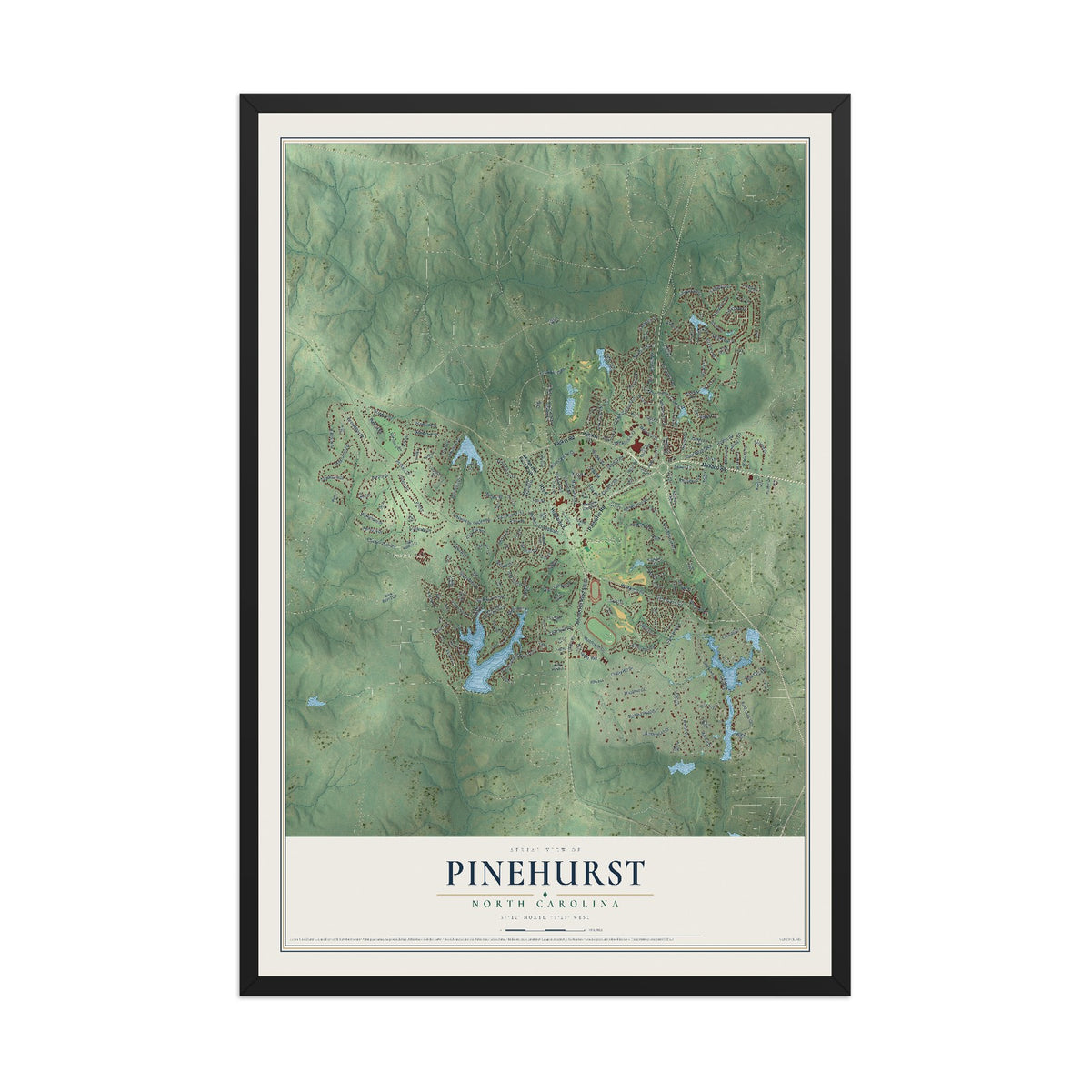 Map of Pinehurst, North Carolina, 12 x 18 inch print in a black wood frame