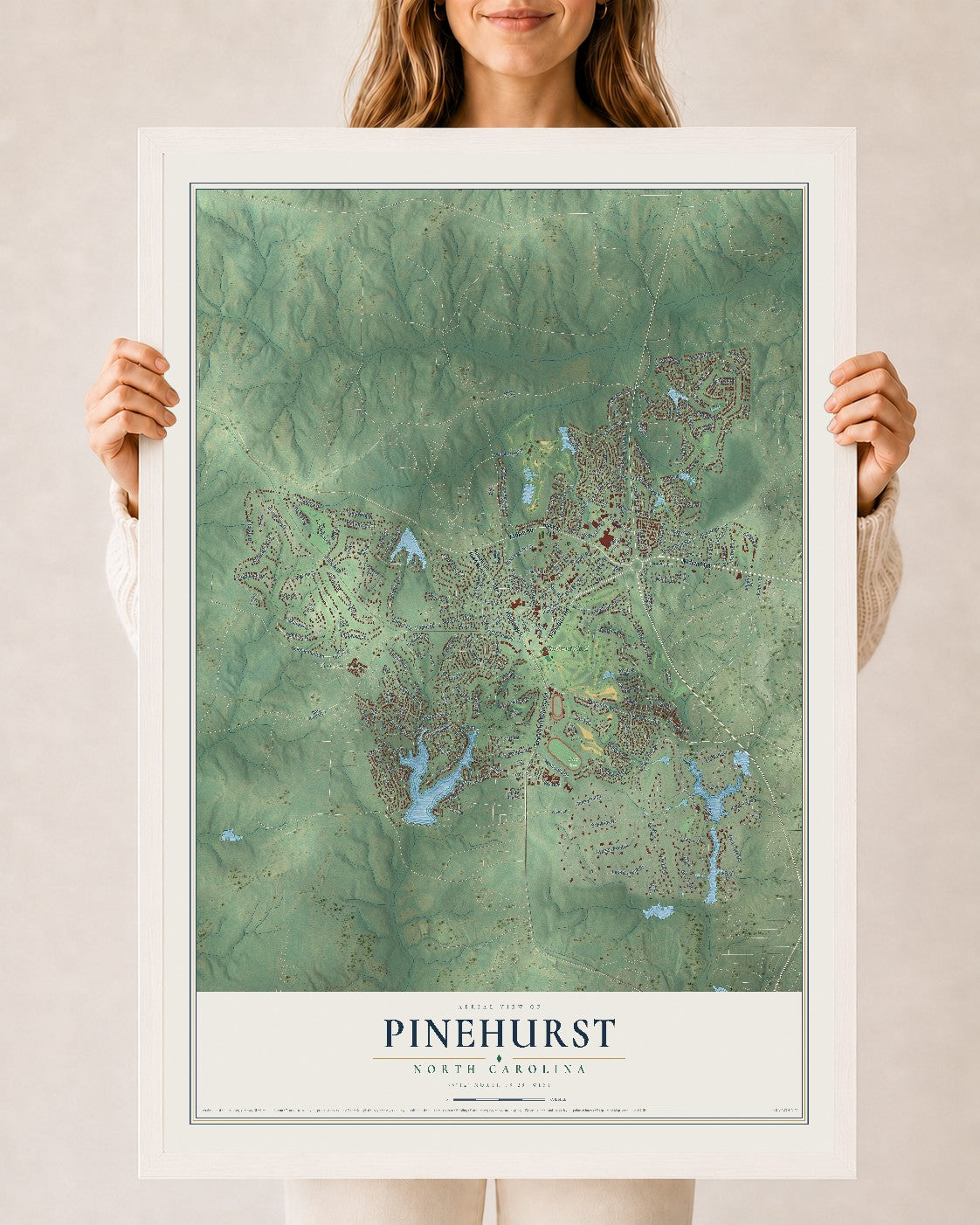 Map of Pinehurst, North Carolina, 24 x 36 inch print in a white wood frame