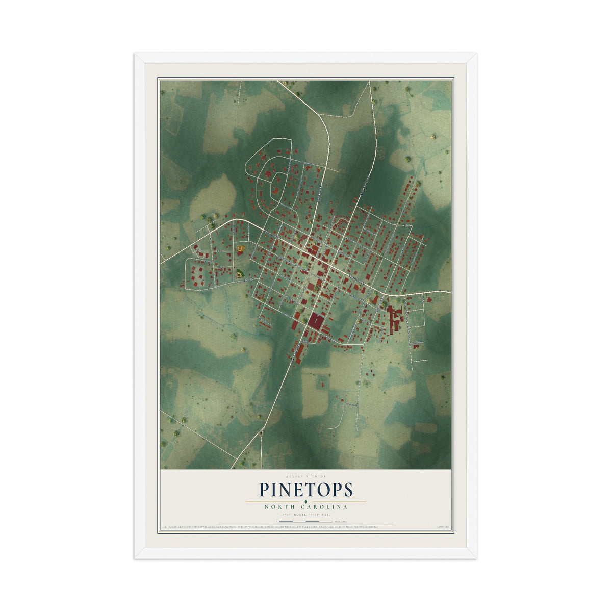 Map of Pinetops, North Carolina, 12 x 18 inch print in a white wood frame