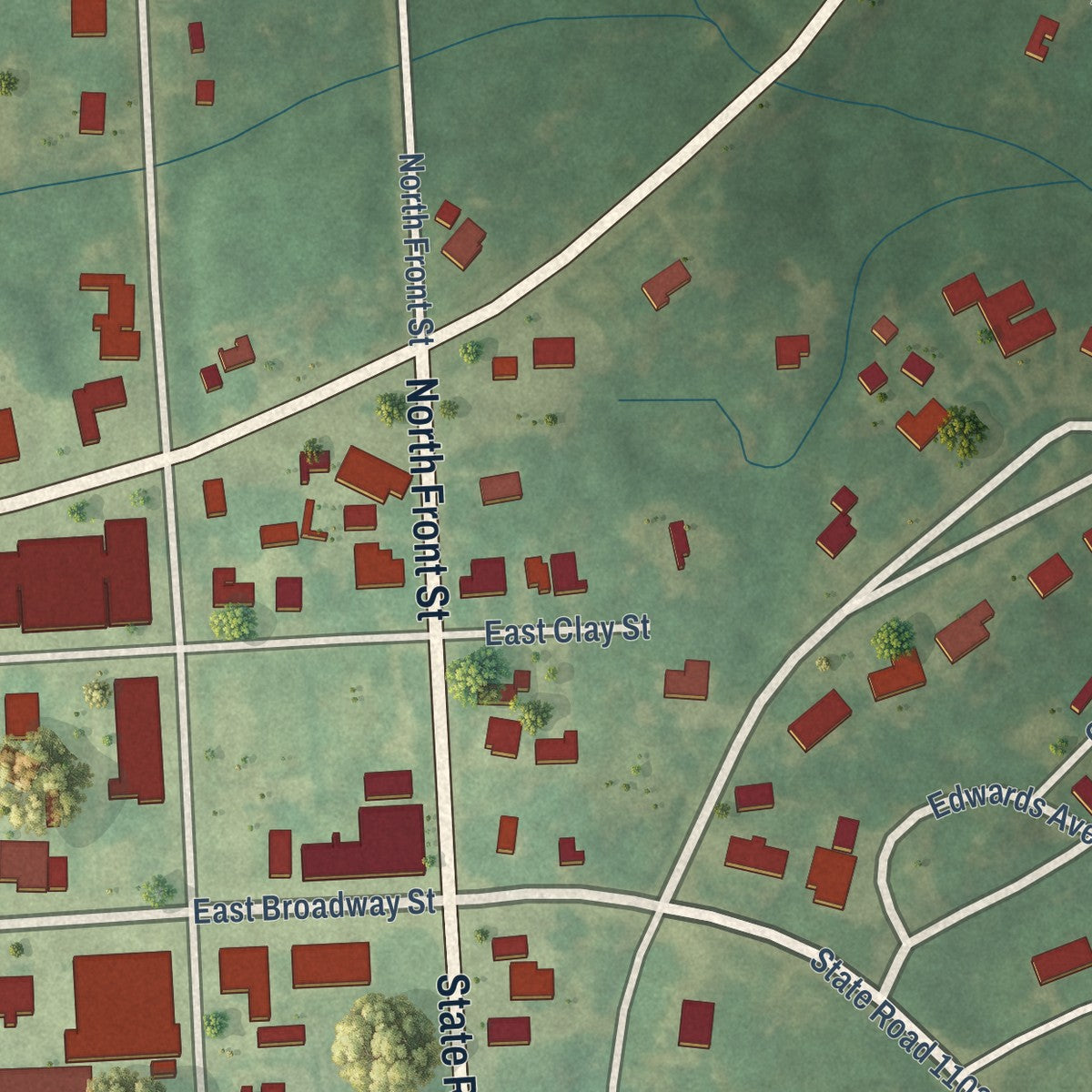 Second close-up of the map of Pink Hill, North Carolina print showing more streets and buildings