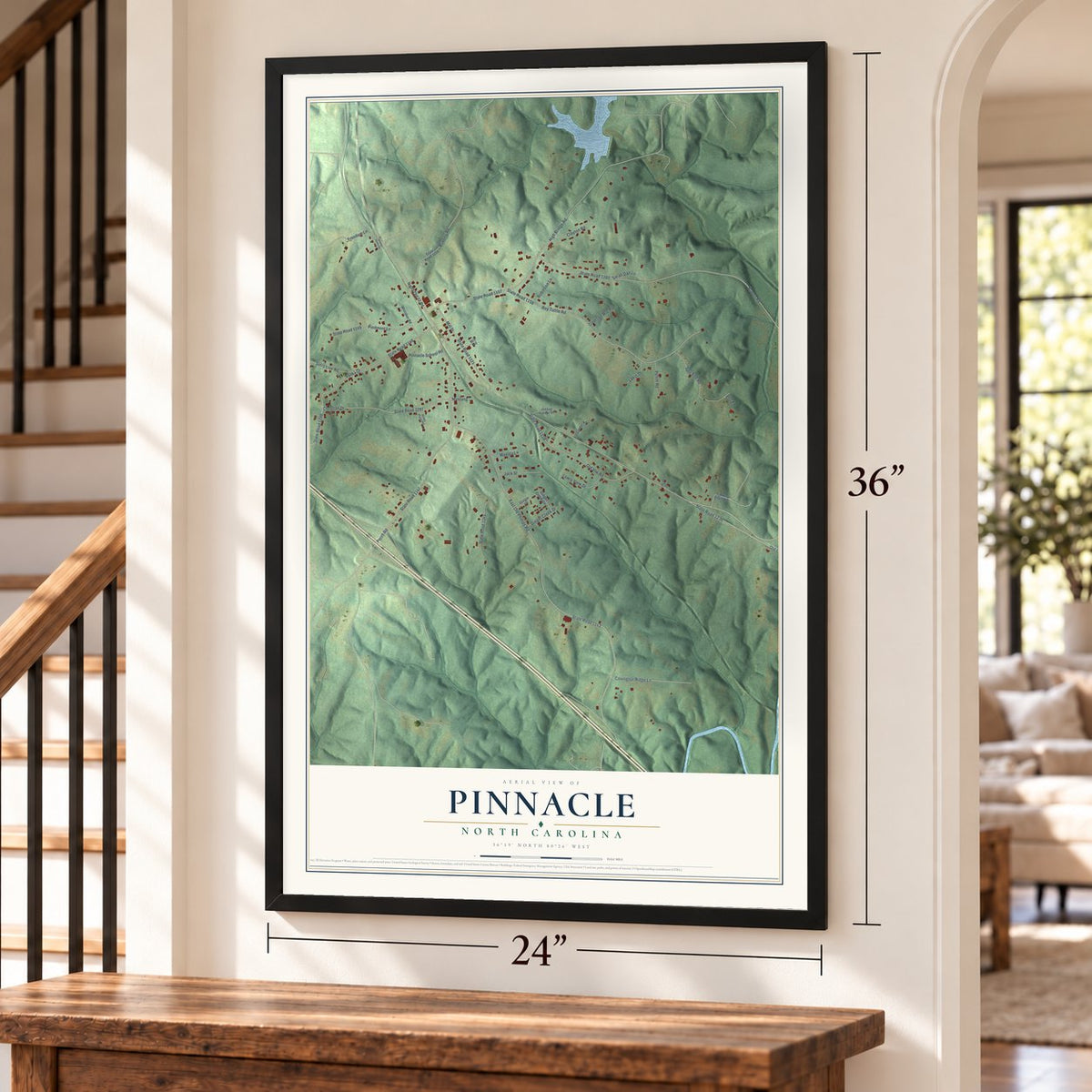 Pinnacle, North Carolina map, 24 x 36 inch print in a black frame by a staircase