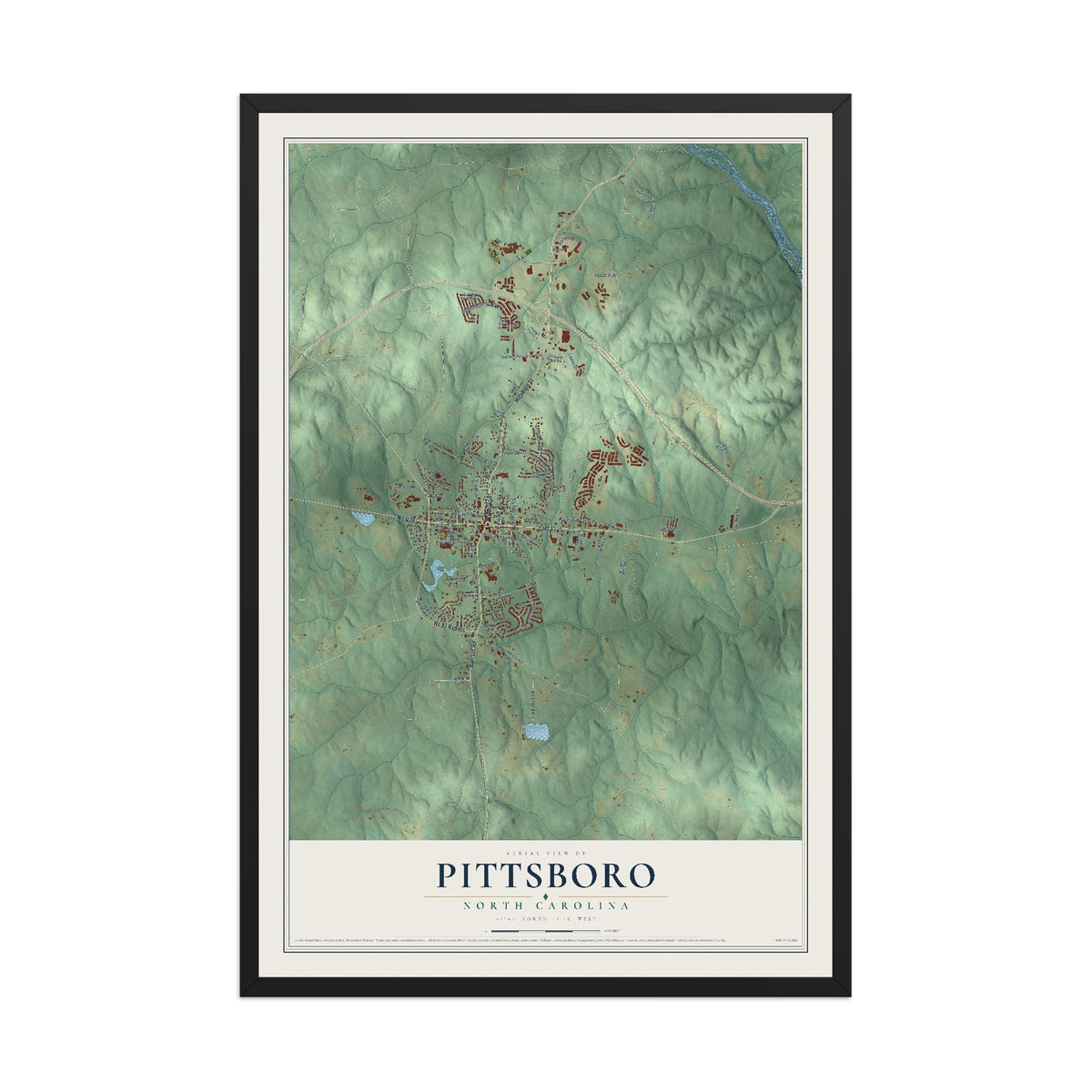 Map of Pittsboro, North Carolina, 12 x 18 inch print in a black wood frame