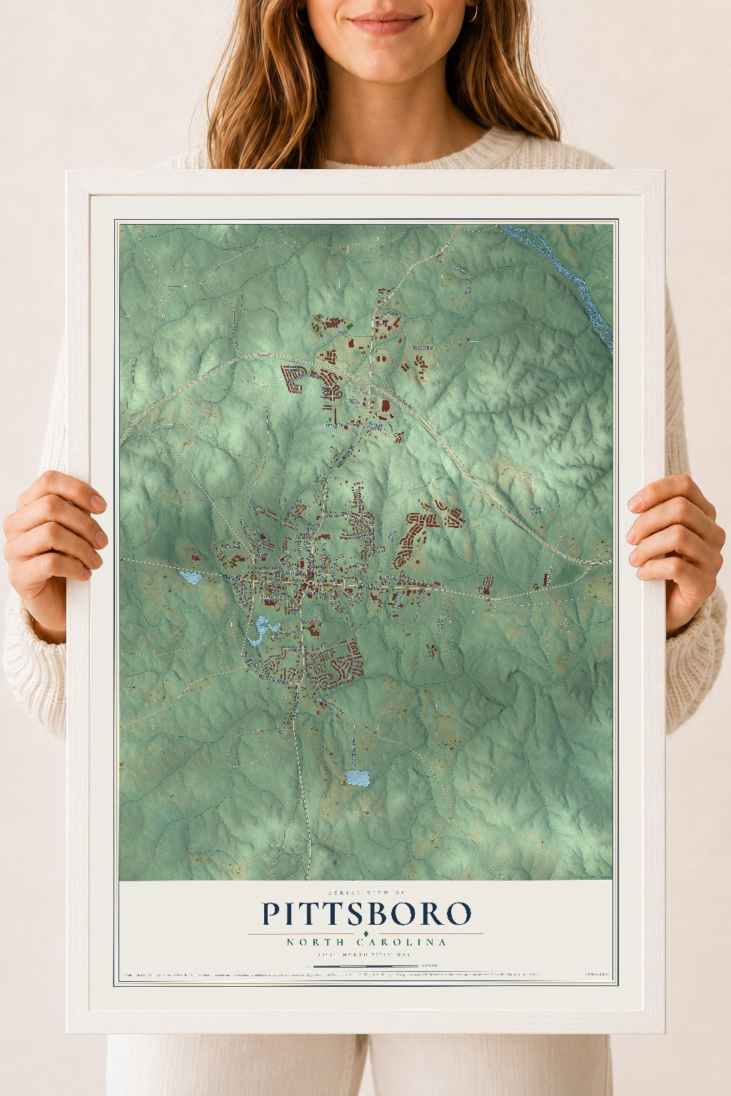 Map of Pittsboro, North Carolina, 18 x 24 inch print in a white wood frame