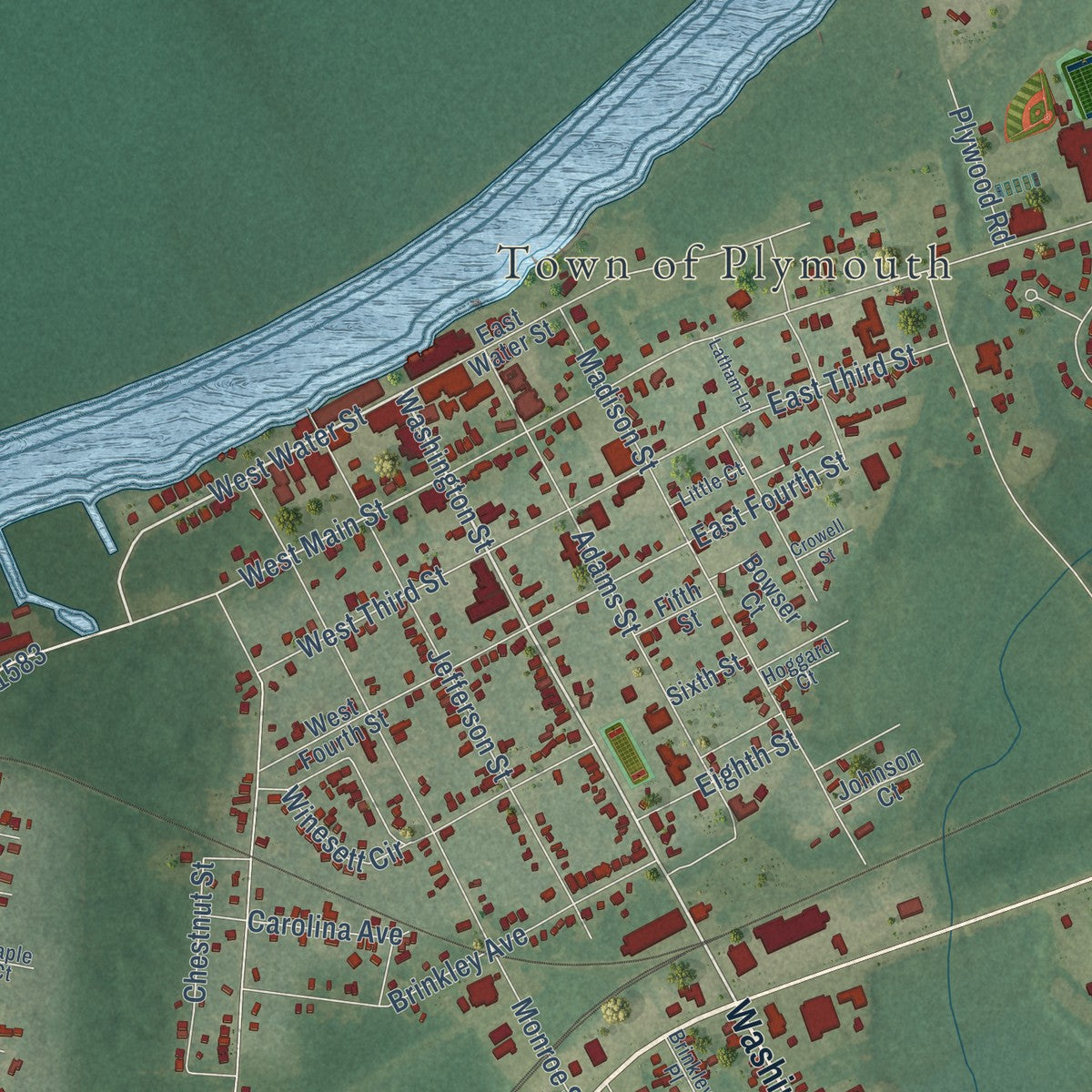 Close-up of the map of Plymouth, North Carolina print showing street and building detail
