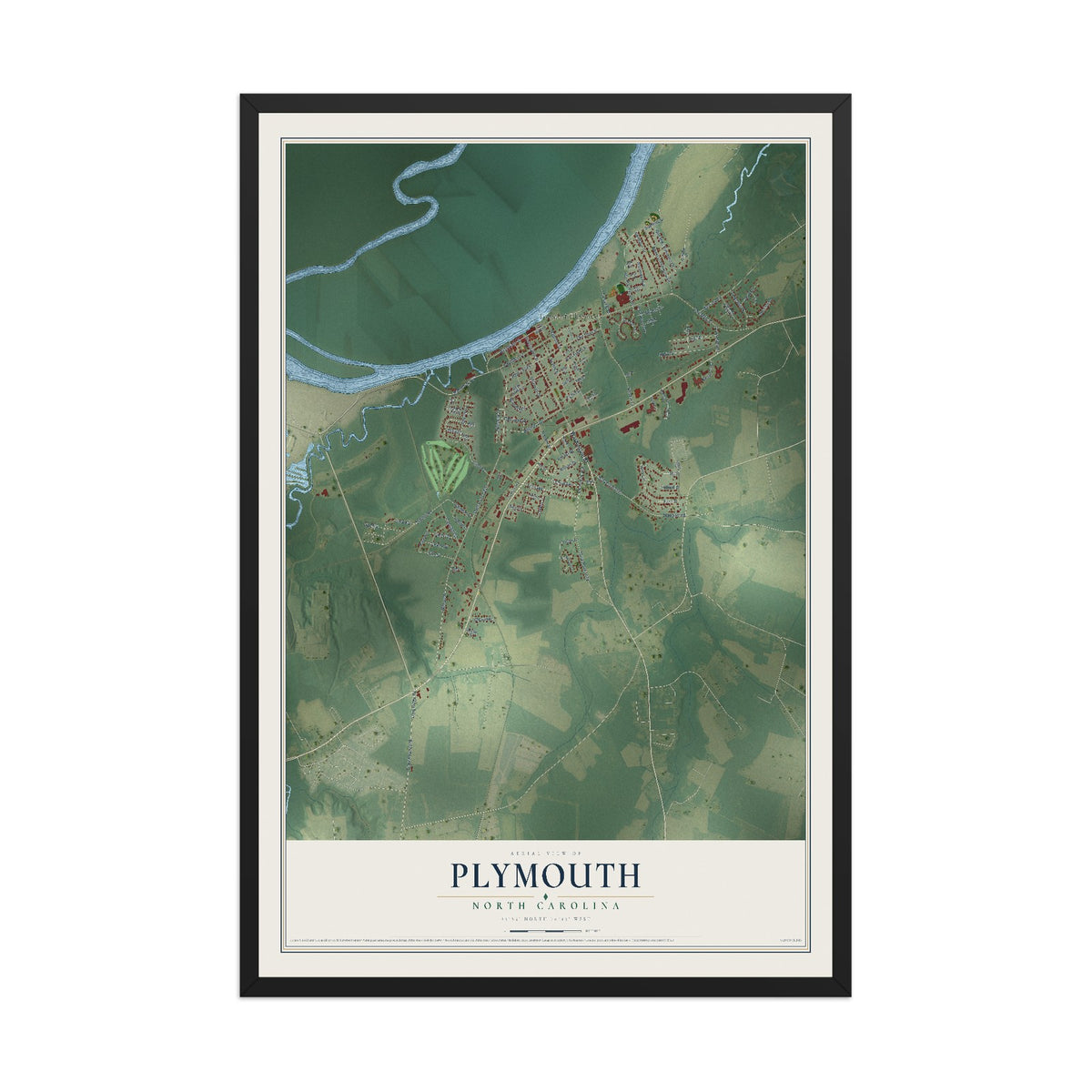 Map of Plymouth, North Carolina, 12 x 18 inch print in a black wood frame