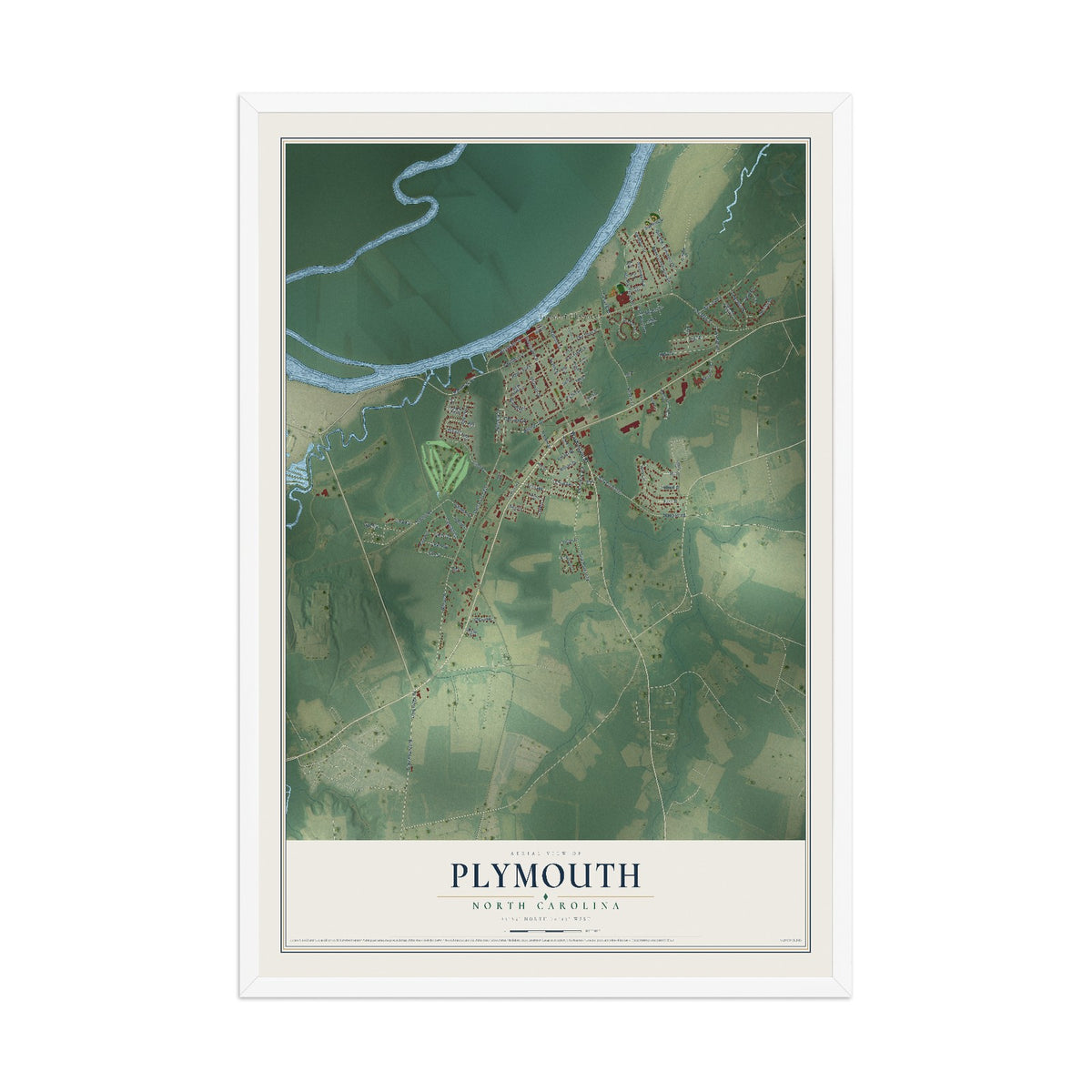 Map of Plymouth, North Carolina, 12 x 18 inch print in a white wood frame