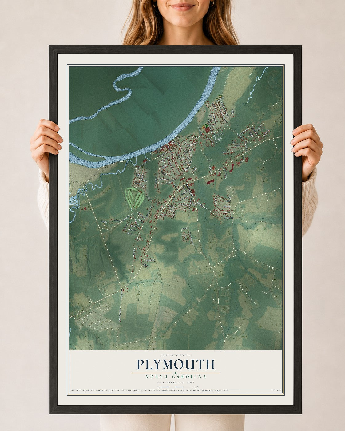 Map of Plymouth, North Carolina, 24 x 36 inch print in a black wood frame